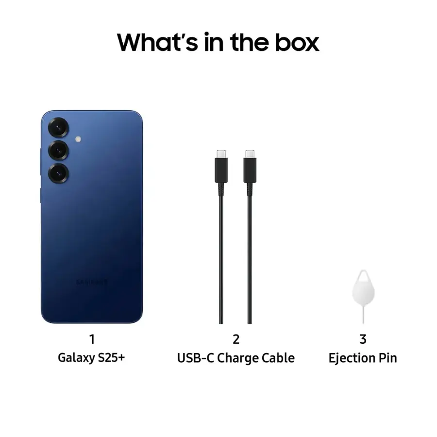 What's in the box: SAMSUNG Galaxy S25+, 2 USB-C Charge Cable, 3 Ejection Pin