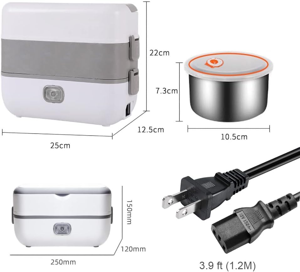 - Dimensions of the cooler:
  - Length: 25 cm
  - Width: 22 cm
  - Height: 12.5 cm

- Dimensions of the bowl:
  - Diameter: 10.5 cm
  - Height: 7.3 cm

- Dimensions of the mini cooler:
  - Length: 250 mm
  - Width: 150 mm
  - Height: 120 mm

- Power cord length: 3.9 ft (1.2M)

- Voltage: 125V~
