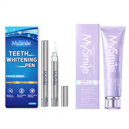 MySmile TEETH WHITENING PEN DENTAL GRADE Deluxe At-Home Whitening System MySmile 10 Results in Non Sensitive Whitens Up to 10 Minutes Formula a Shades I E 1 EML I : I i TWIST 2 2 x 4ML I MySmile - i I i TWIST I I 2 I MySmile Brightening Booster Toothpaste PURPLE CC BRIGHTENING Color-Correcting Formula Helps visually Reduce Yellow Tones Make smile - brighter- looking Gentle, Fluoride-Free Mint Fresh Net Wt 4.2 Oz (120 g) MySmile Brightening Booster Toothpaste 1P Mit Gentle Bu00 Make Yellow Helps Color-Con 42 Foth ume Tones Visually - 2 Fluoride-Free