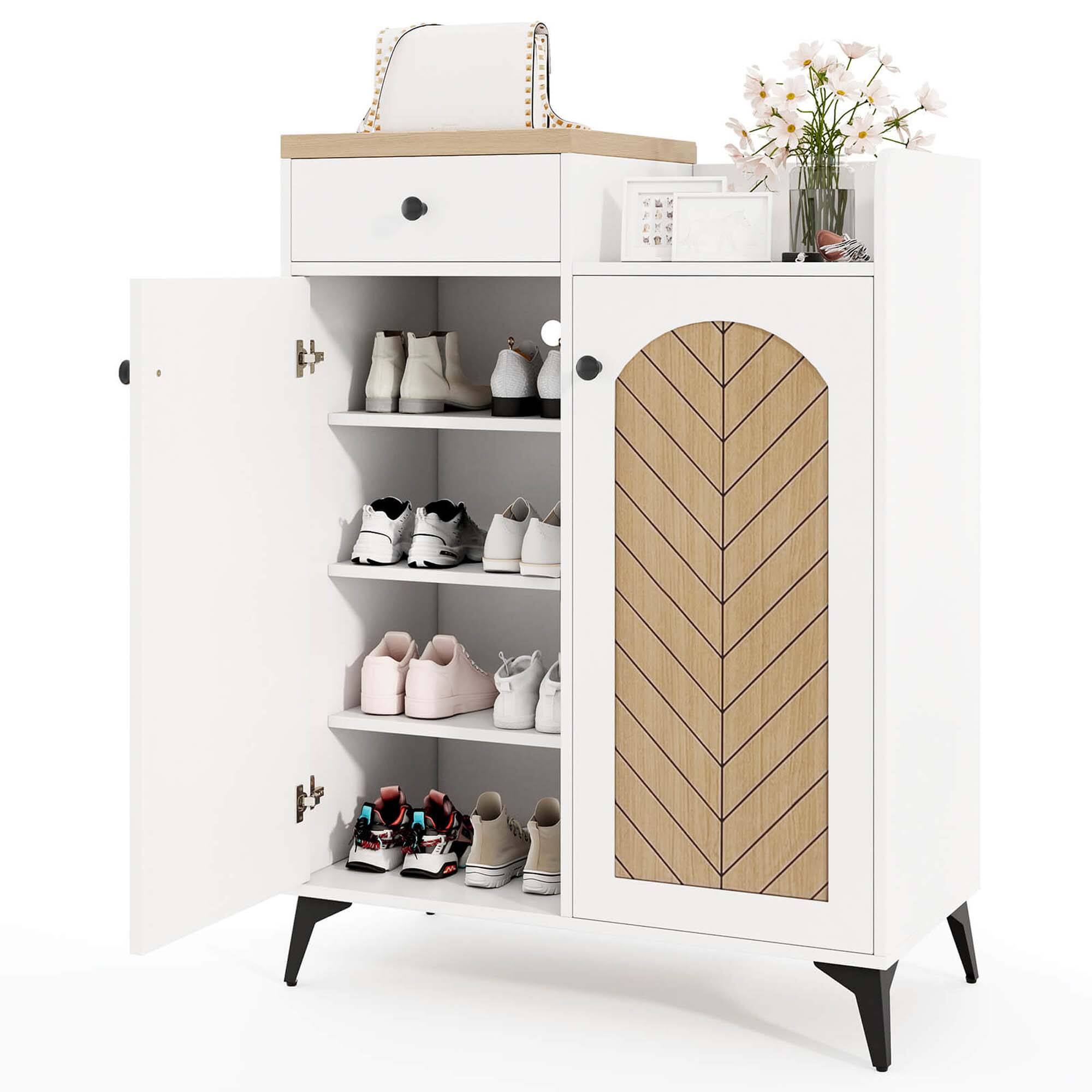 Alt View 1. Costway - Costway 6-Tier Shoe Cabinet with Drawer 6 Removable Shelves Ventilation Openings Metal Legs - White & Natural.