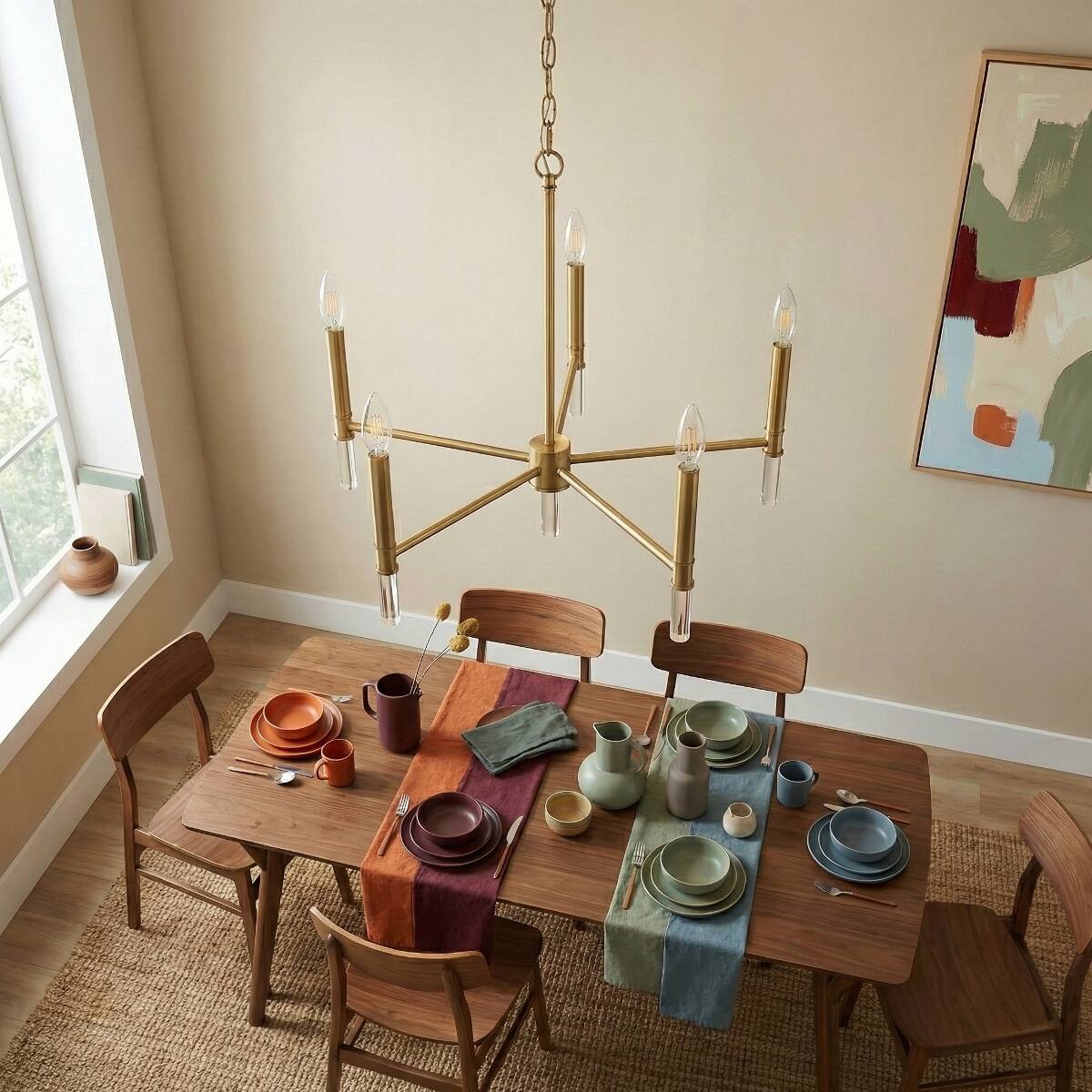 Left. Loheer - Loheer Five Light Golden Brass Chandelier, 24 Inch Wide Candle Style Ceiling Light.