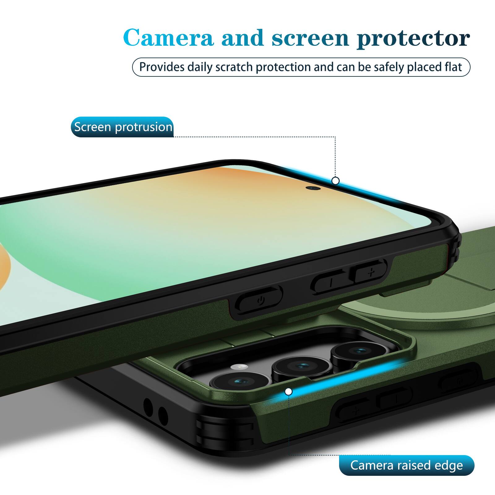 Camera and screen protector  
Provides daily scratch protection and can be safely placed flat  
Screen protrusion  
Camera raised edge