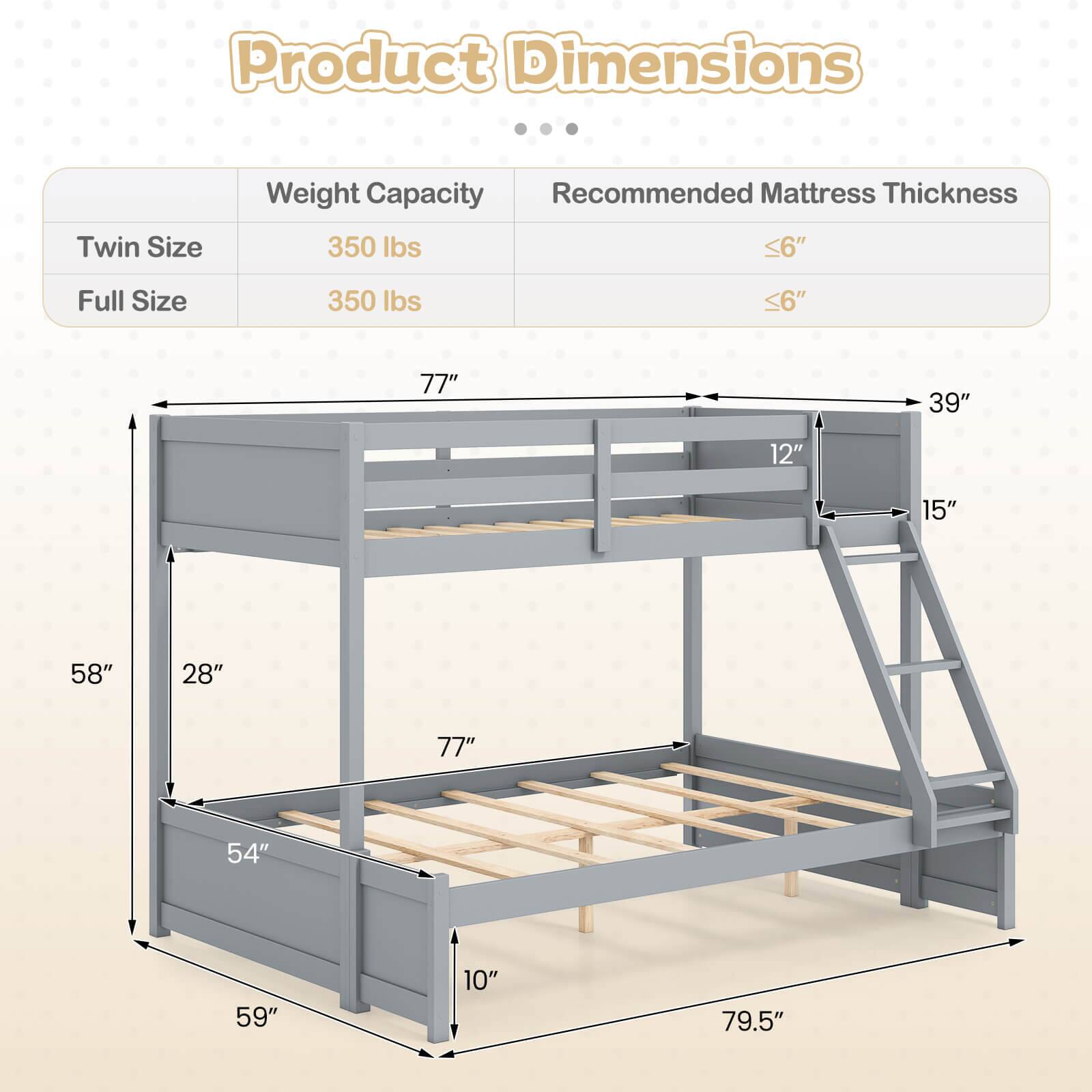 Product Dimensions  
Twin Size  
Weight Capacity: 350 lbs  
Recommended Mattress Thickness: <6"  

Full Size  
Weight Capacity: 350 lbs  
Recommended Mattress Thickness: <6"  

Dimensions:  
- 77" (length)  
- 39" (width)  
- 12" (height)  
- 15" (height)  
- 58" (height)  
- 28" (height)  
- 77" (length)  
- 54" (width)  
- 59" (height)  
- 10" (height)  
- 79.5" (length)