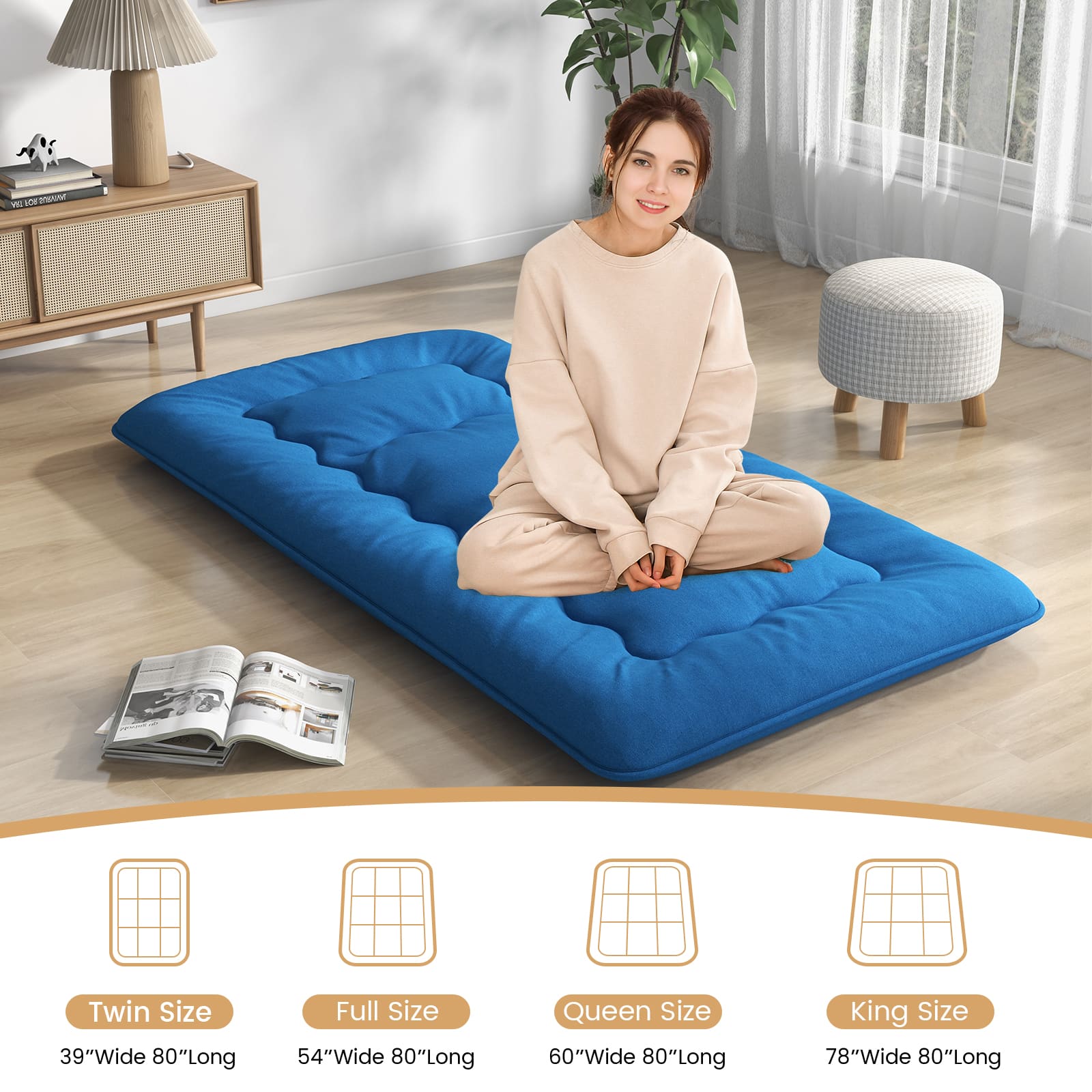 Costway - Twin Futon Mattress Japanese Floor Sleeping Pad Washable Cover Carry Bag - Blue - Thumbnail 4
