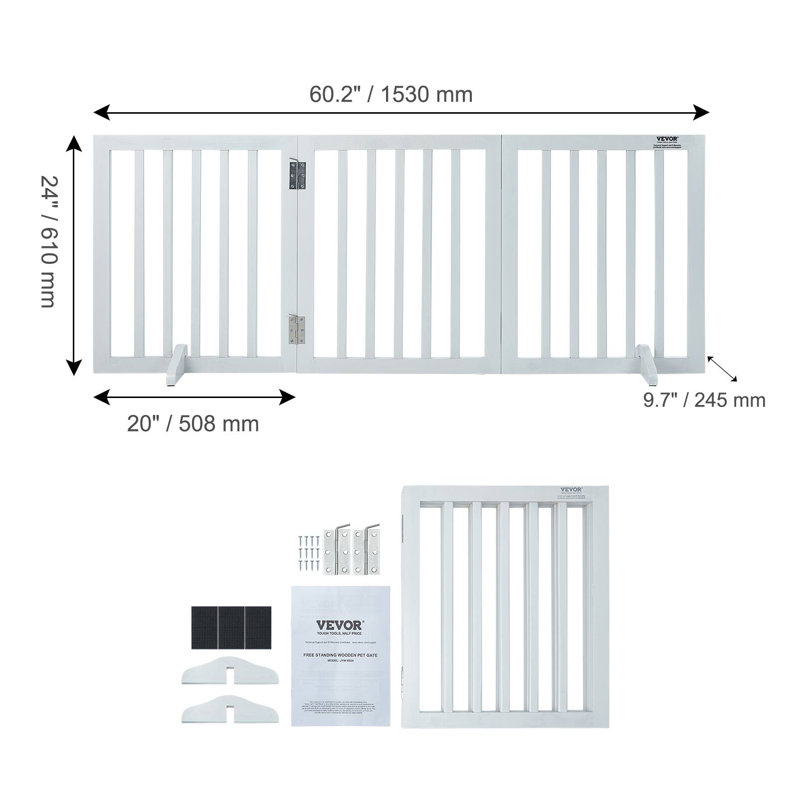 60.2" / 1530 mm, 24" / 610 mm, 20" / 508 mm, 9.7" / 245 mm