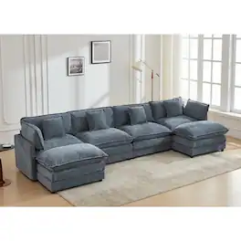 KERDOM - 149 inch Chenille U-Shape Couch with Pillows, Big Family Deep Seat Modular Sofa with 2 Ottomans, Extra Large with Chaise - Blue