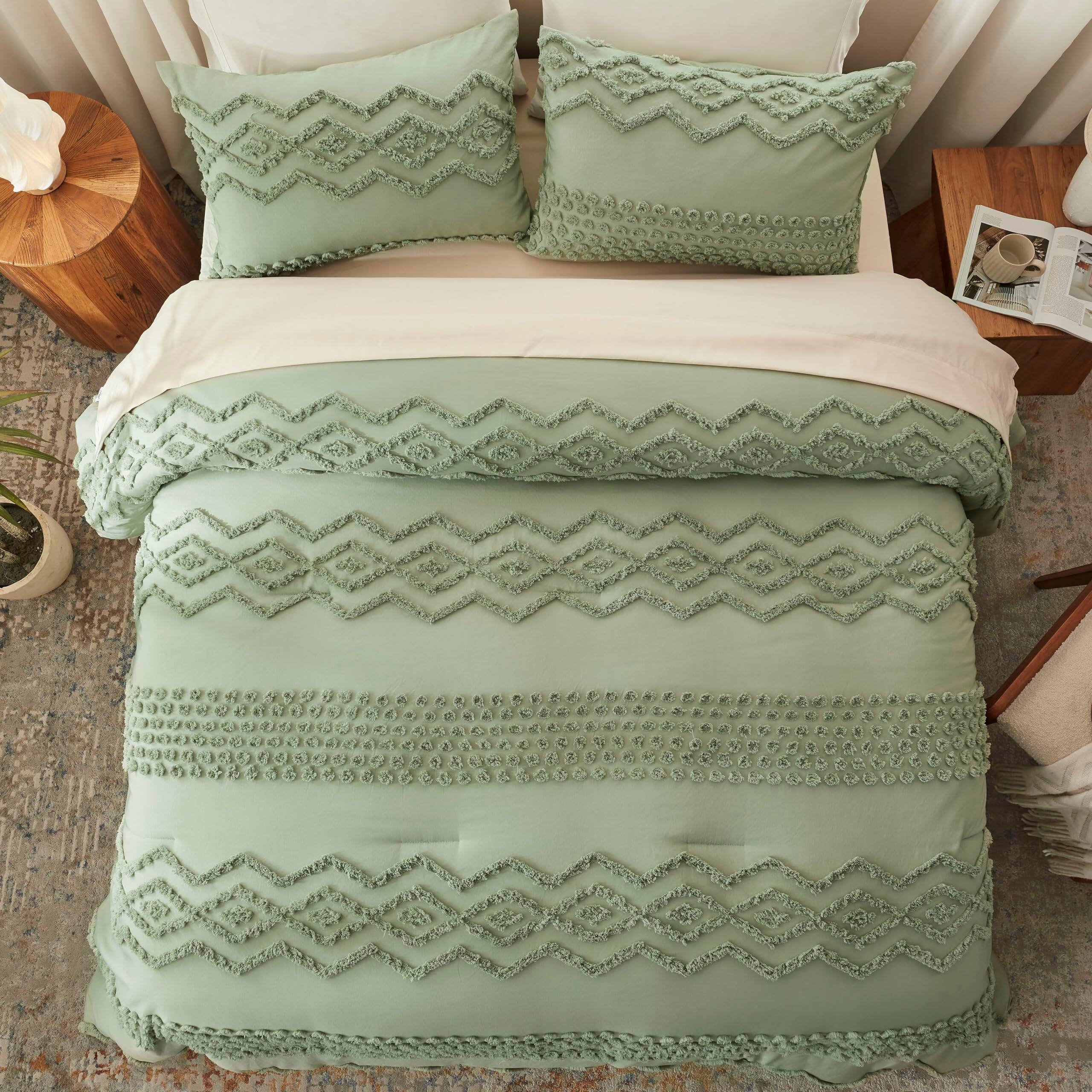 Alt View 1. PARKER SLATER - Sage Green Tufted Comforter Set King Size 3 Pieces Boho Shabby Chic Farmhouse Embroidery Bedding Soft For All... - Olive Green-Queen.