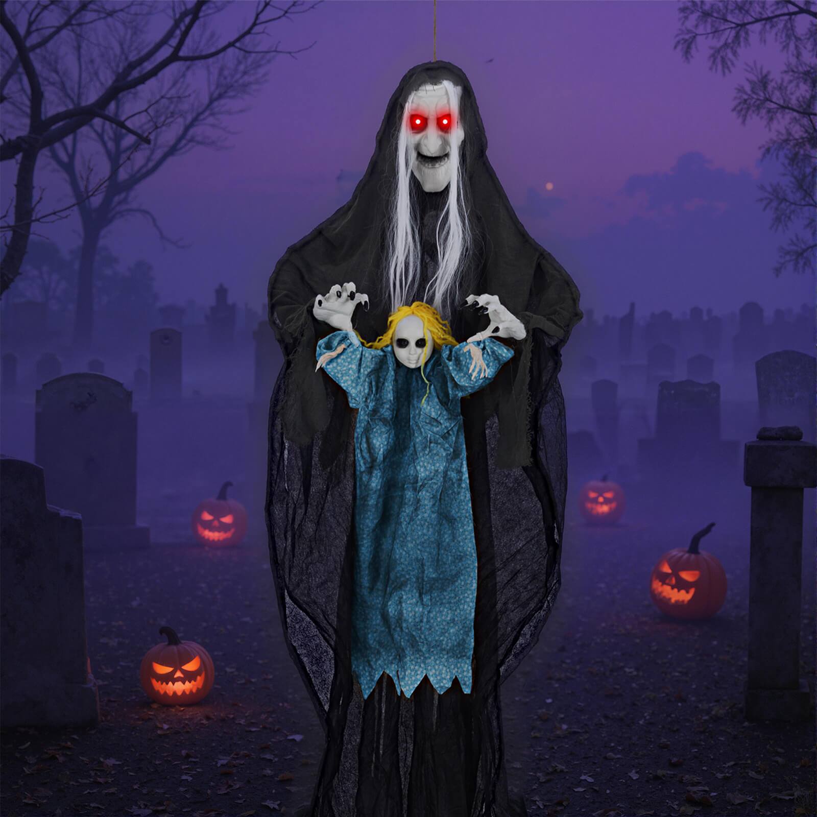 Alt View 3. Costway - Costway Halloween Decoration 6'11” Sound-Activated Witch Holding Ghost Girl Spooky Sound - Black.