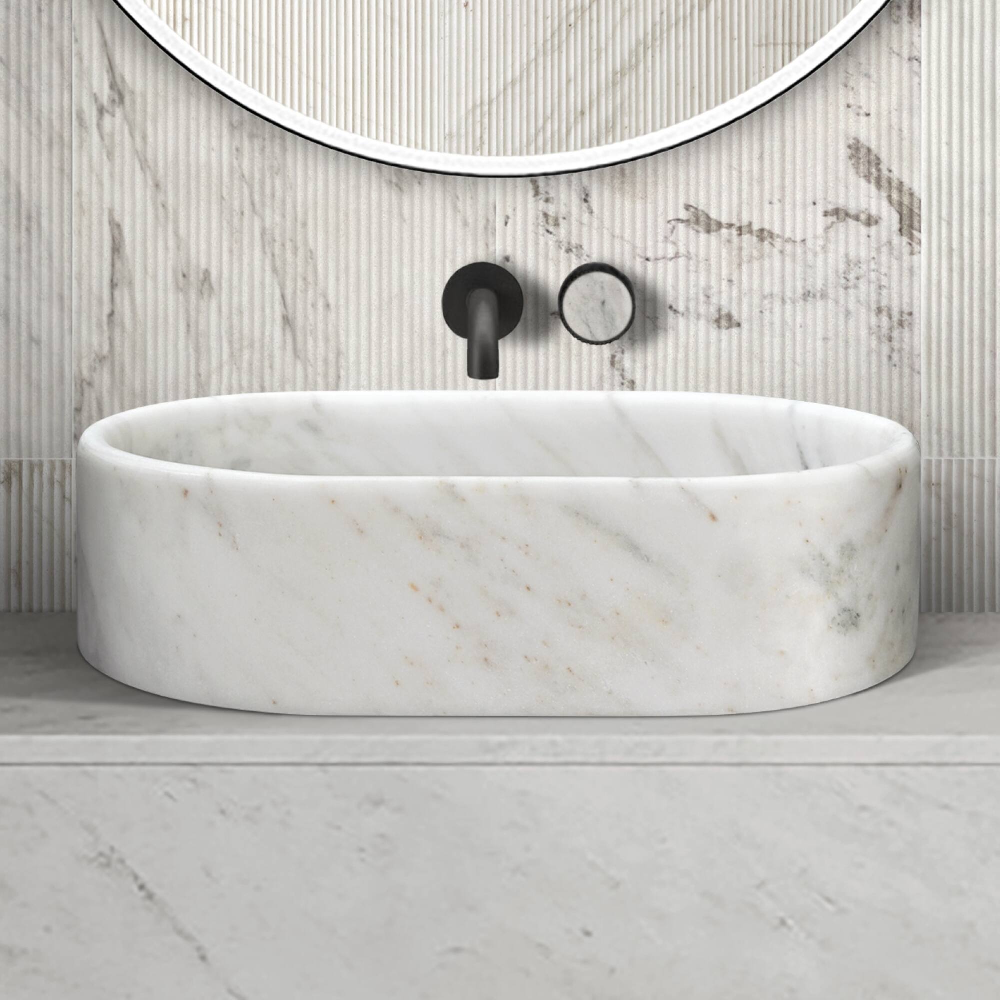 Alt View 1. ELEMENT ACE - Elegant Natural Marble Bathroom Vessel Sink with Semi-Polished Surface for Modern and Classic Bathroom Designs - White+Natural.