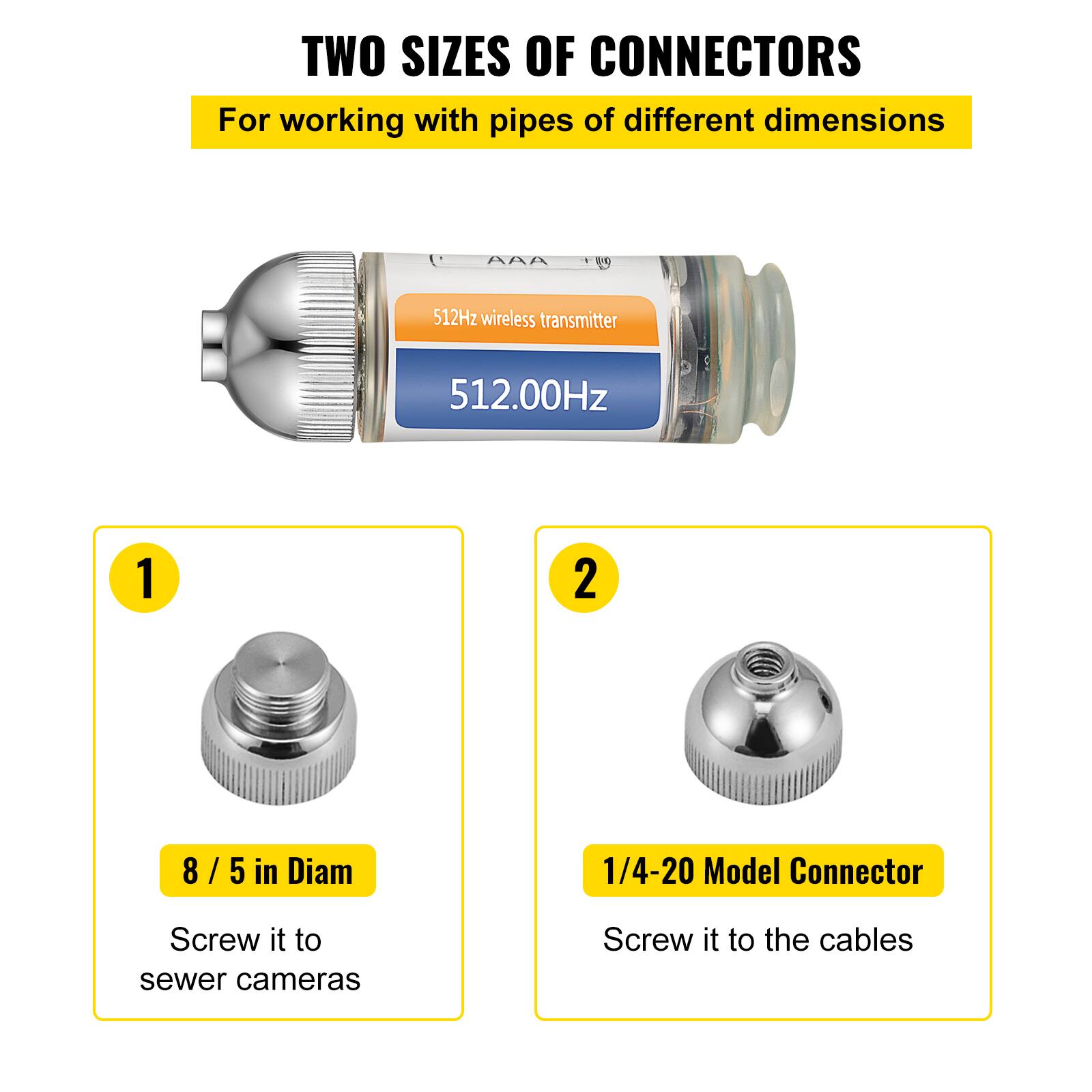 TWO SIZES OF CONNECTORS  
For working with pipes of different dimensions

1. 8 / 5 in Diam  
   Screw it to sewer cameras

2. 1/4-20 Model Connector  
   Screw it to the cables