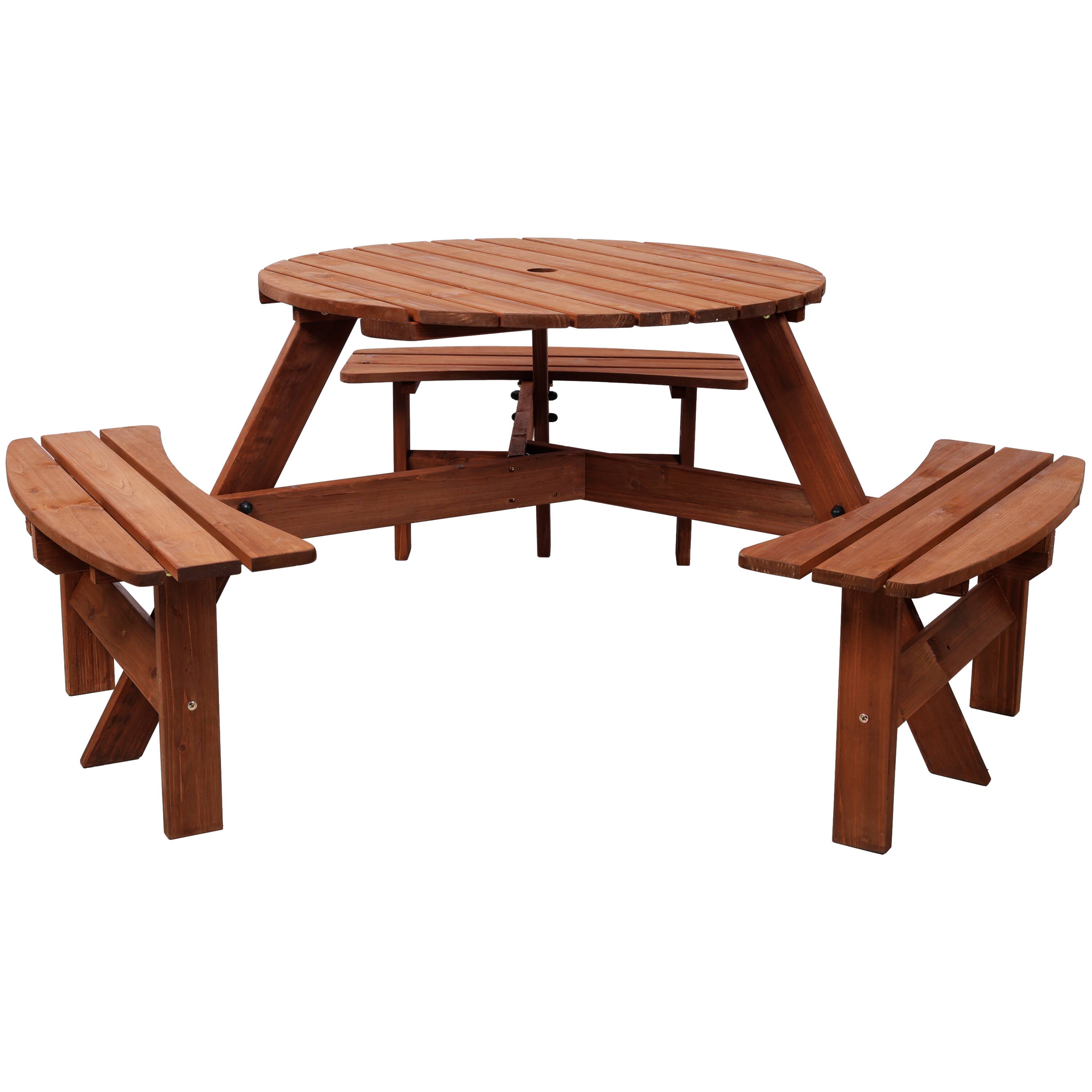 Left. GOODSILO - 6-Person Fir Wood Picnic Table with 3 Built-in Benches and Umbrella Hole for Outdoor Garden Patio Backyard Use - Brown.