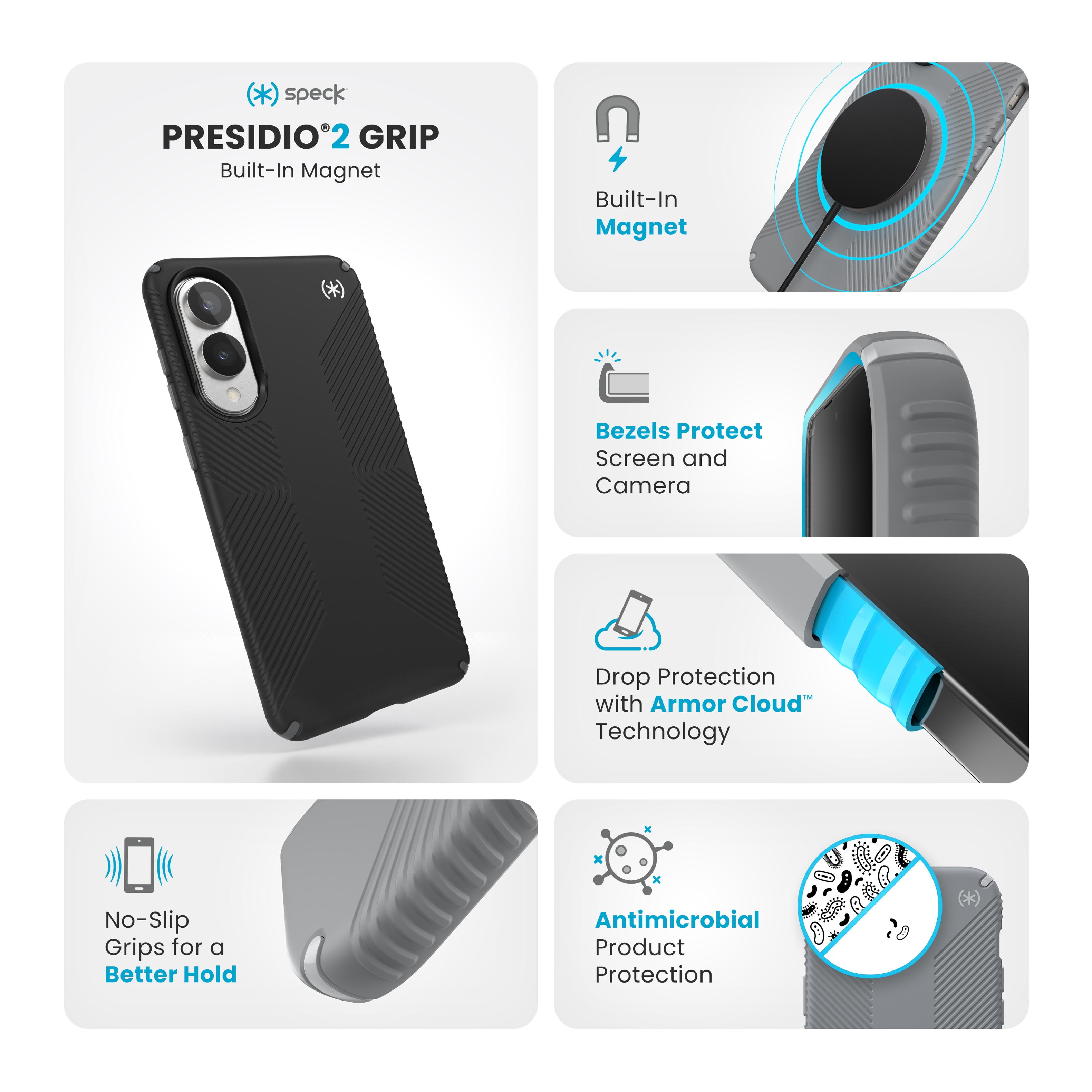 Presidio 2 Grip Built-In Magnet Built-In Magnet No-Slip Grips for a Better Hold Drop Protection with Armor Cloud Technology Antimicrobial Product Protection