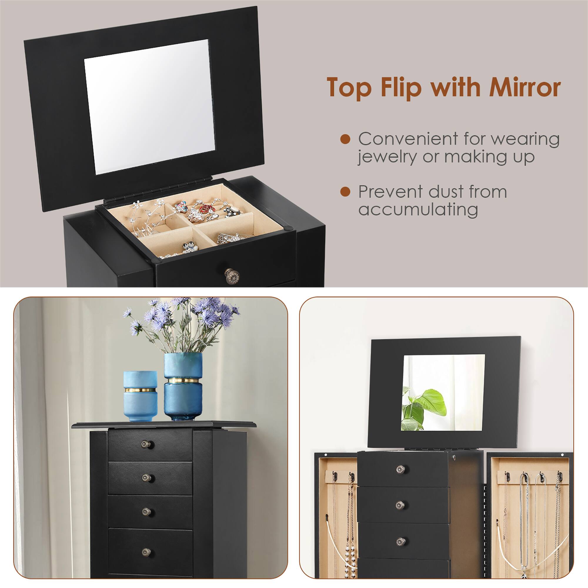Top Flip with Mirror: Convenient for wearing jewelry or making up, and prevent dust from accumulating.