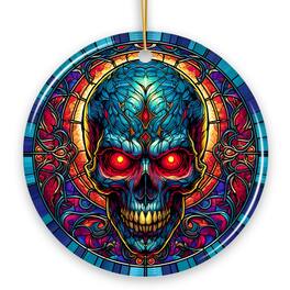 OrnamentallyYou - Bone-Chilling Spooky Skull Stained Glass Style Ceramic Ornament Halloween Themed Christmas Gift - Multi-colored