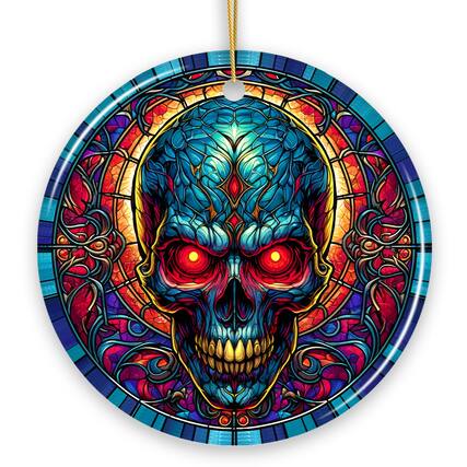 Front. OrnamentallyYou - Bone-Chilling Spooky Skull Stained Glass Style Ceramic Ornament Halloween Themed Christmas Gift - Multi-colored.