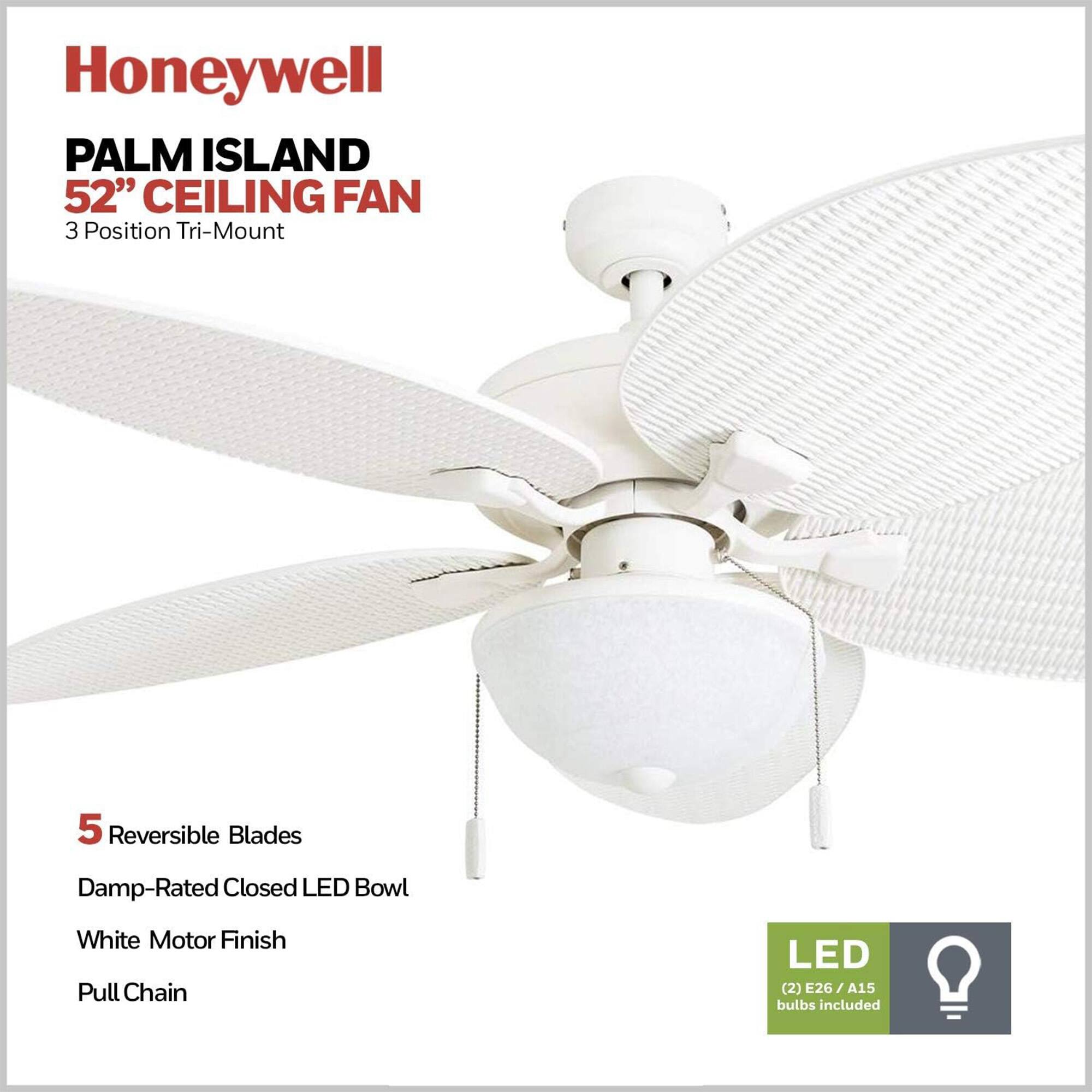 Honeywell PALM ISLAND 52" CEILING FAN 3 Position Tri-Mount 5 Reversible Blades Damp-Rated Closed LED Bowl White Motor Finish Pull Chain LED (2) E26/A15 bulbs included