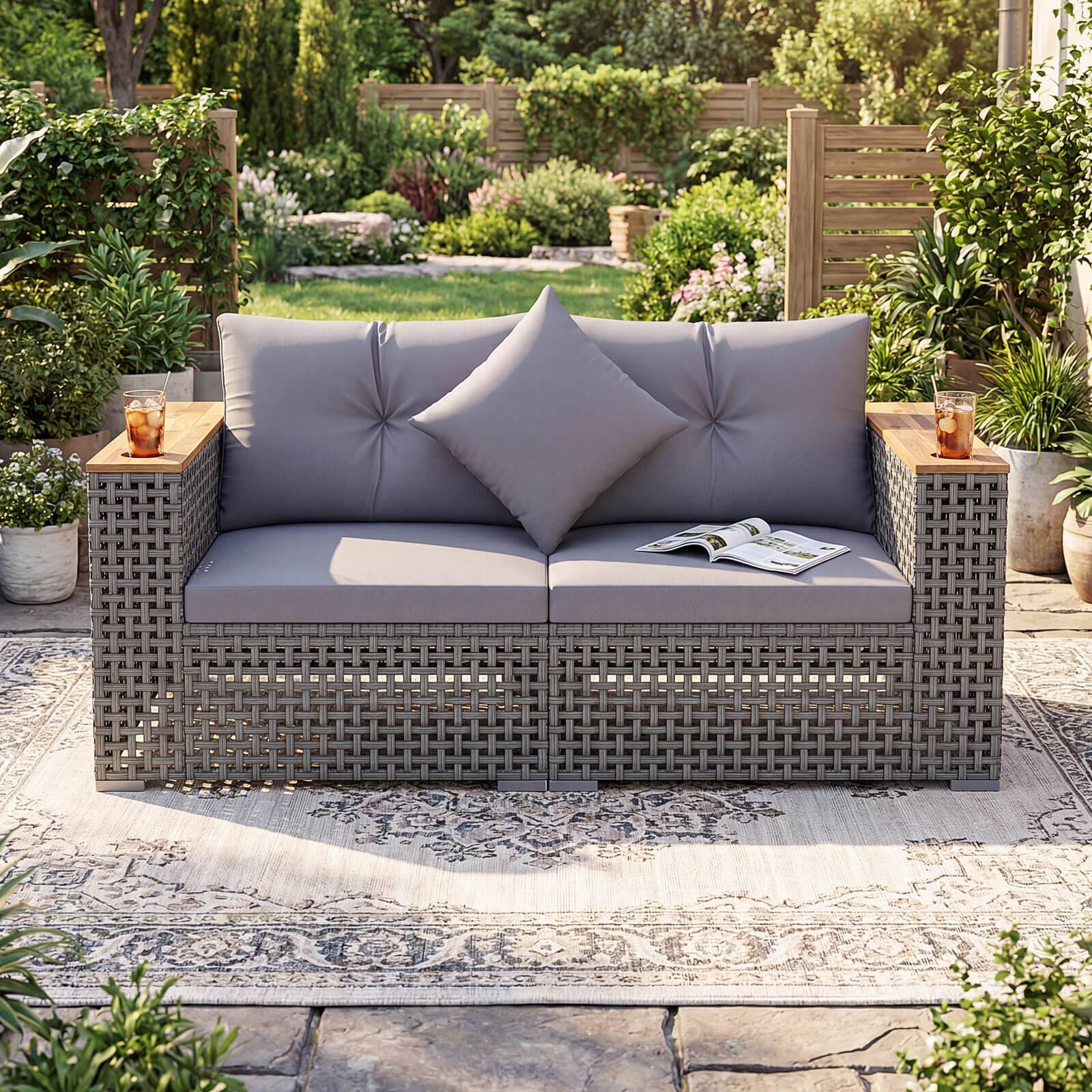 Alt View 1. Costway - Costway 2 PCS Patio Corner Sofa Set with Thick Cushions Wide Acacia Wood Armrests for Garden - Gray + Gray.