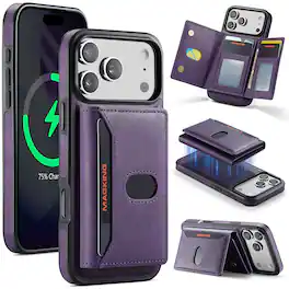 UUCOVER - Detachable Magnetic Card Wallet Leather Case for iPhone 17 Pro Compatible with MagSafe RFID Blocking Stand Cover - Purple