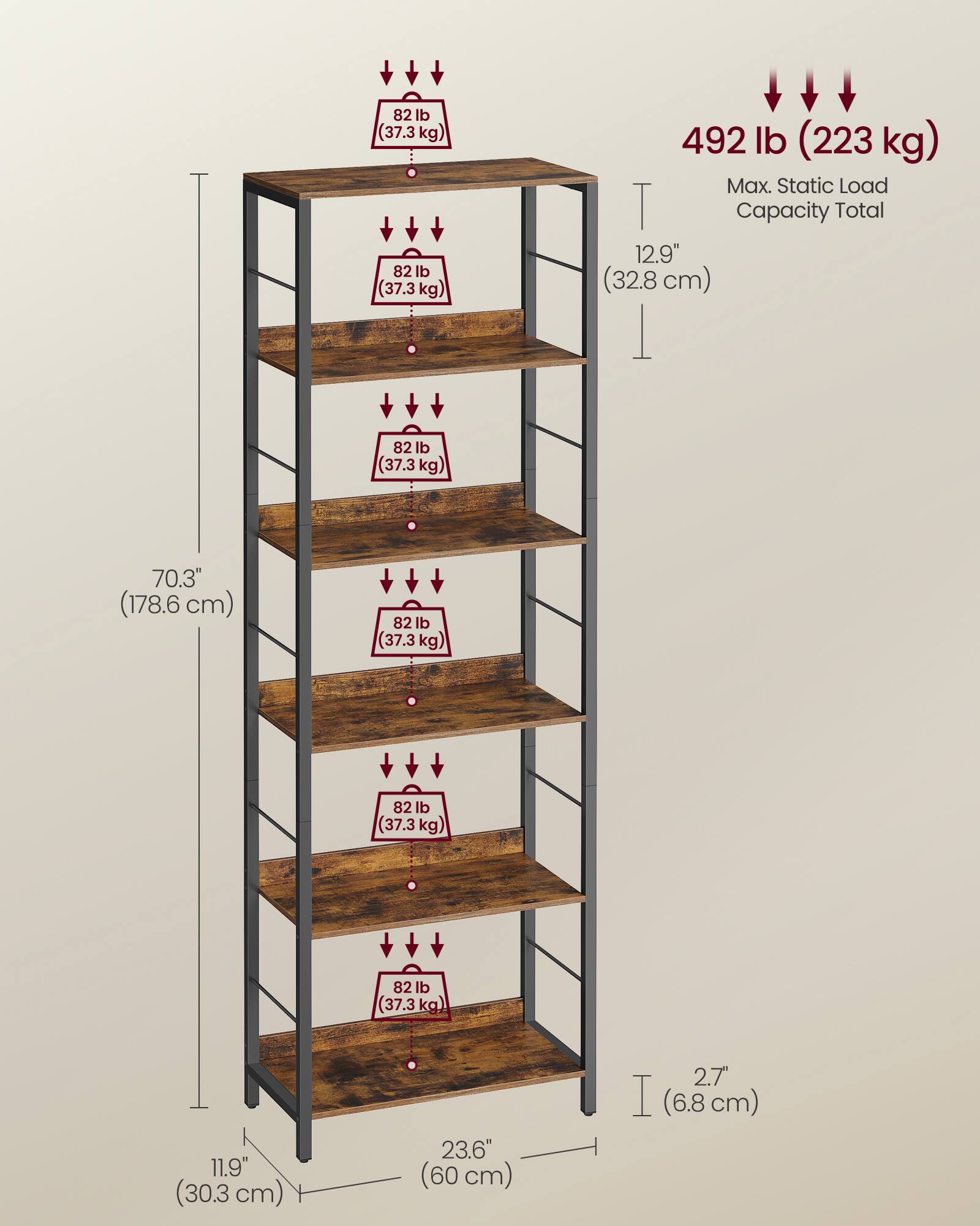 82 lb (37.3 kg)  
82 lb (37.3 kg)  
492 lb (223 kg) Max. Static Load Capacity Total  
12.9" (32.8 cm)  
82 lb (37.3 kg)  
70.3" (178.6 cm)  
82 lb (37.3 kg)  
82 lb (37.3 kg)  
82 lb (37.3 kg)  
11.9" (30.3 cm)  
23.6" (60 cm)  
2.7" (6.8 cm)