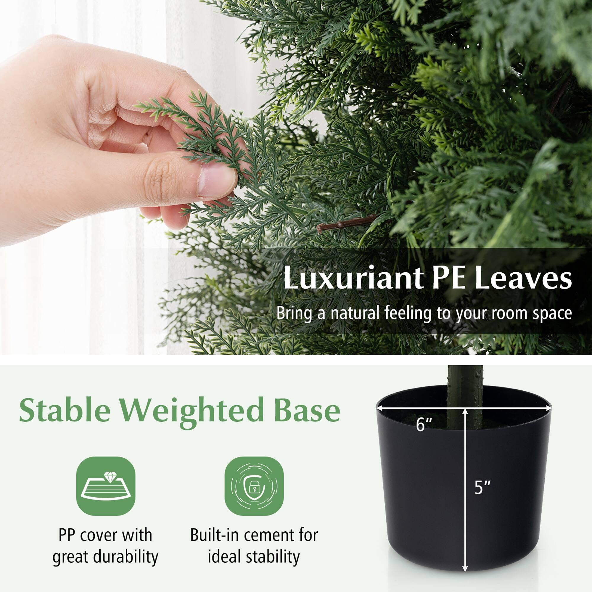 Luxuriant PE Leaves  
Bring a natural feeling to your room space  

Stable Weighted Base  
PP cover with great durability  
Built-in cement for ideal stability  

6"  
5"