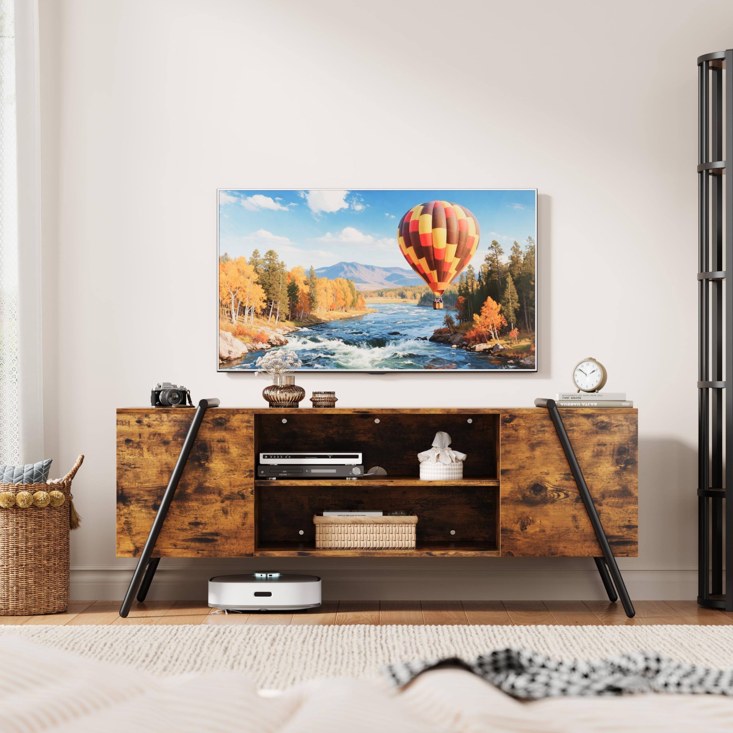 Back. GAOMON - GAOMON 55" Industrial TV Stand for 55–60" TVs, Media Console with Slanted Metal Legs & Adjustable Shelves - Brown.