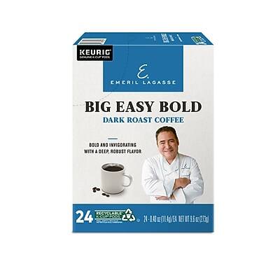 KEURIG GENUINE K-CUP PODS  
EMERIL LAGASSE  
BIG EASY BOLD  
DARK ROAST COFFEE  
BOLD AND INVIGORATING WITH A DEEP ROBUST FLAVOR  
24 K-CUPS  
RECYCLABLE  
24 x 14 OZ (11 g) EACH  
NET WT 96 OZ (273 g)