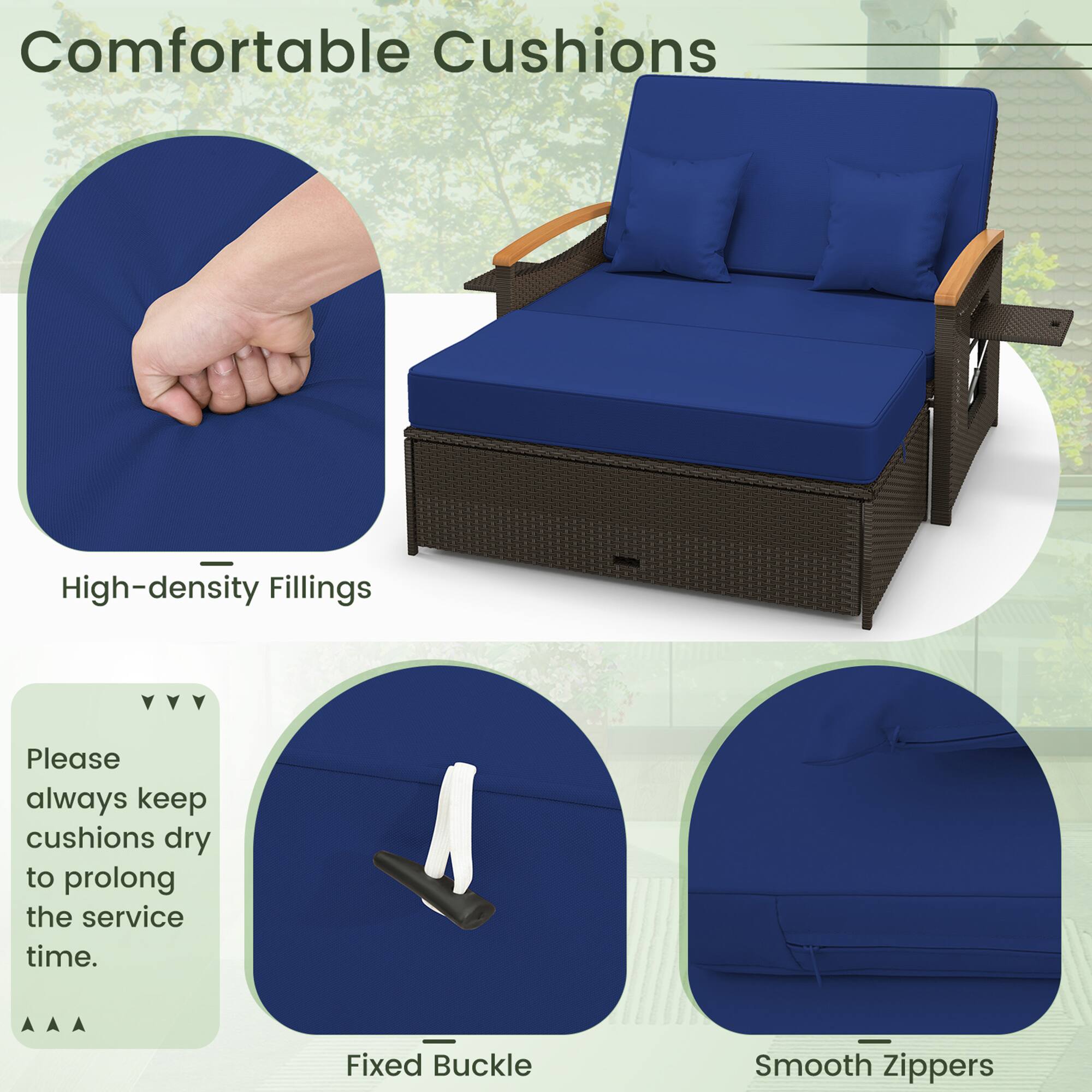 Comfortable Cushions
High-density Fillings
Fixed Buckle
Smooth Zippers

Please always keep cushions dry to prolong the service time.