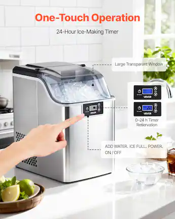 VEVOR Countertop Ice Maker, 44 lbs per Day, Self Cleaning Portable Machine with Scoop, 4 lbs Ice Storage Basket Silver