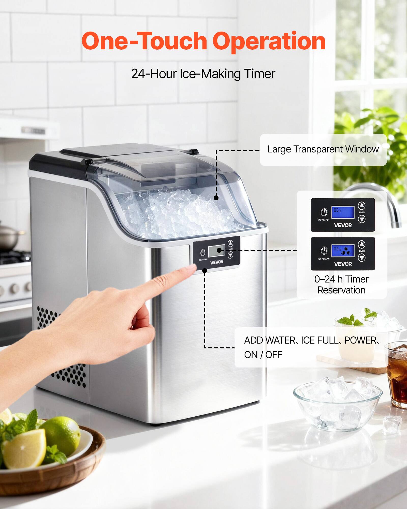 One-Touch Operation  
24-Hour Ice-Making Timer  
Large Transparent Window  
0-24 h Timer Reservation  
ADD WATER, ICE FULL, POWER, ON / OFF