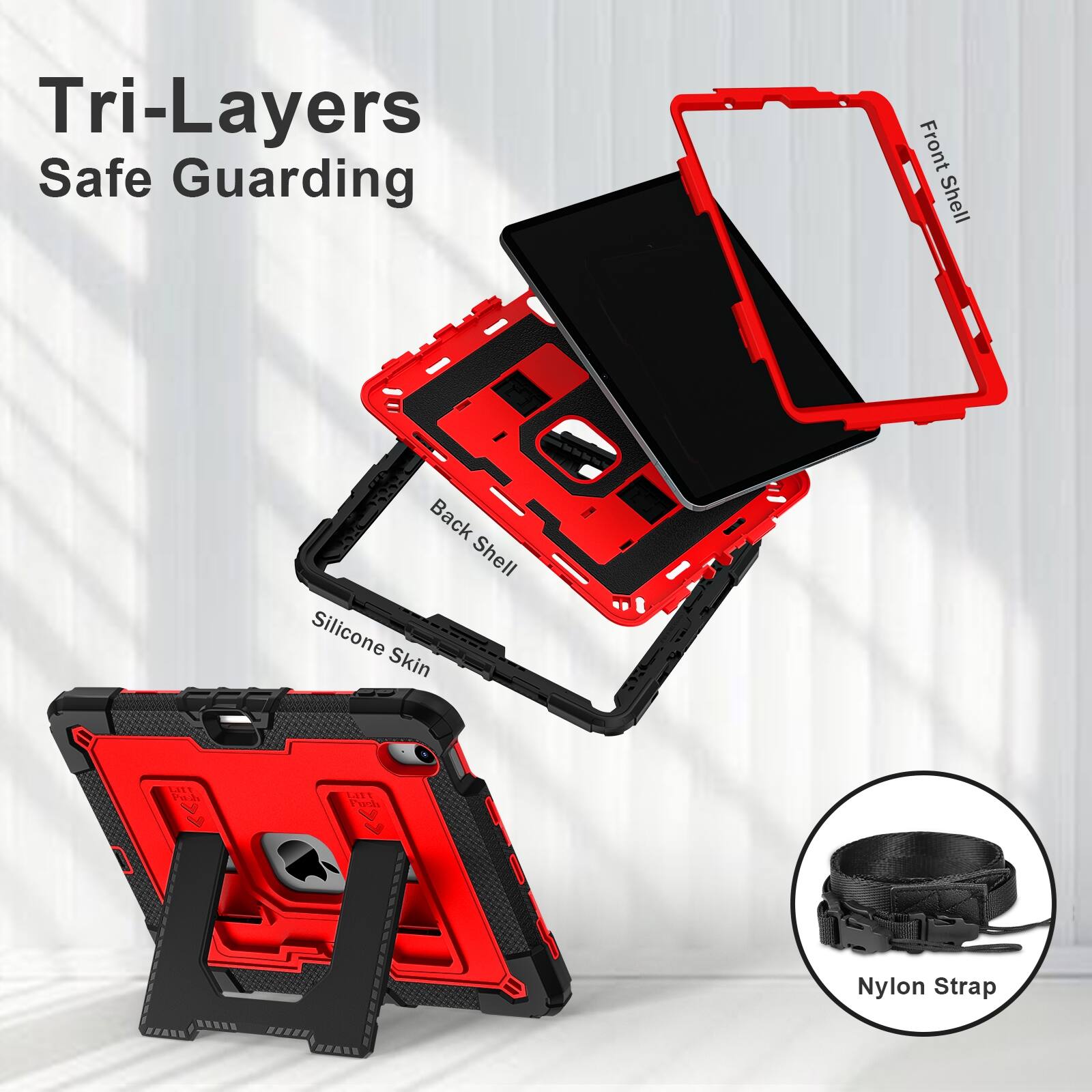 Tri-Layers Safe Guarding  
Front Shell  
Back Shell Silicone Skin  
LITT Pu-21  
LITT Fush  
Nylon Strap