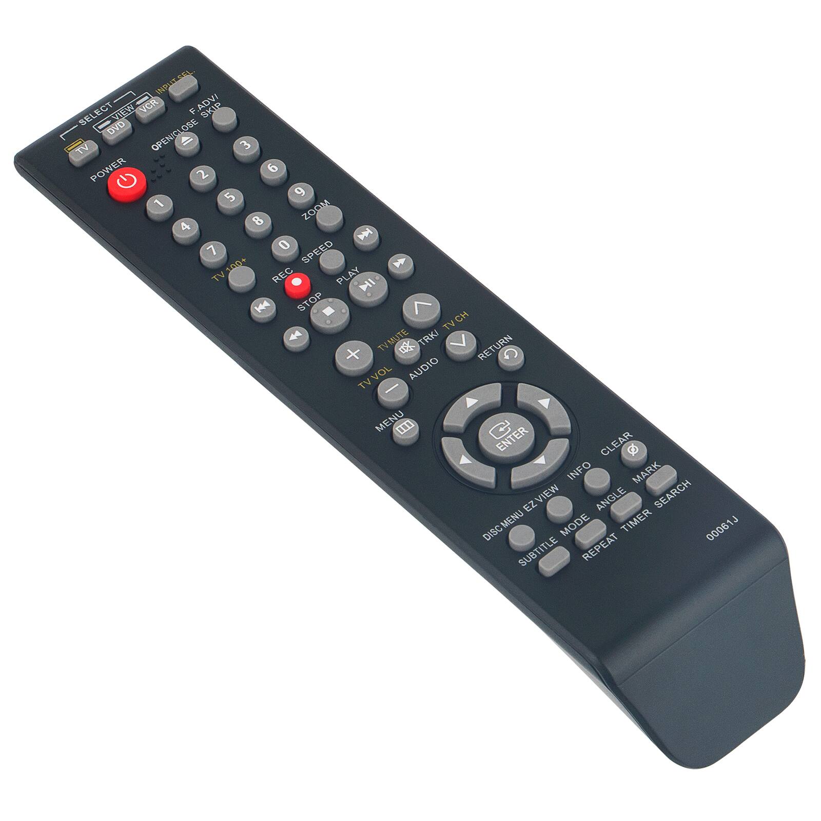 INDUSTRIAL INPATT SELECT VI-EN VCR F SKIP OVO OB TV OPENIC  
3 POWER 2 6 5 9 1 ZOOM 4 8 P 7 0 SPEED 10D+  
TV REC PLAY NI 144 STOP TVCH CH TV 44 TVMUTE TRKI + o RETURN C TVVOL AUDIO MENU 101 ENTER CLEAR 2 INFO MARK VIEW ANGLE SEARCH EZ MENU MODE TIMER 000614 iJ DISC SUBTITLE REPEAT