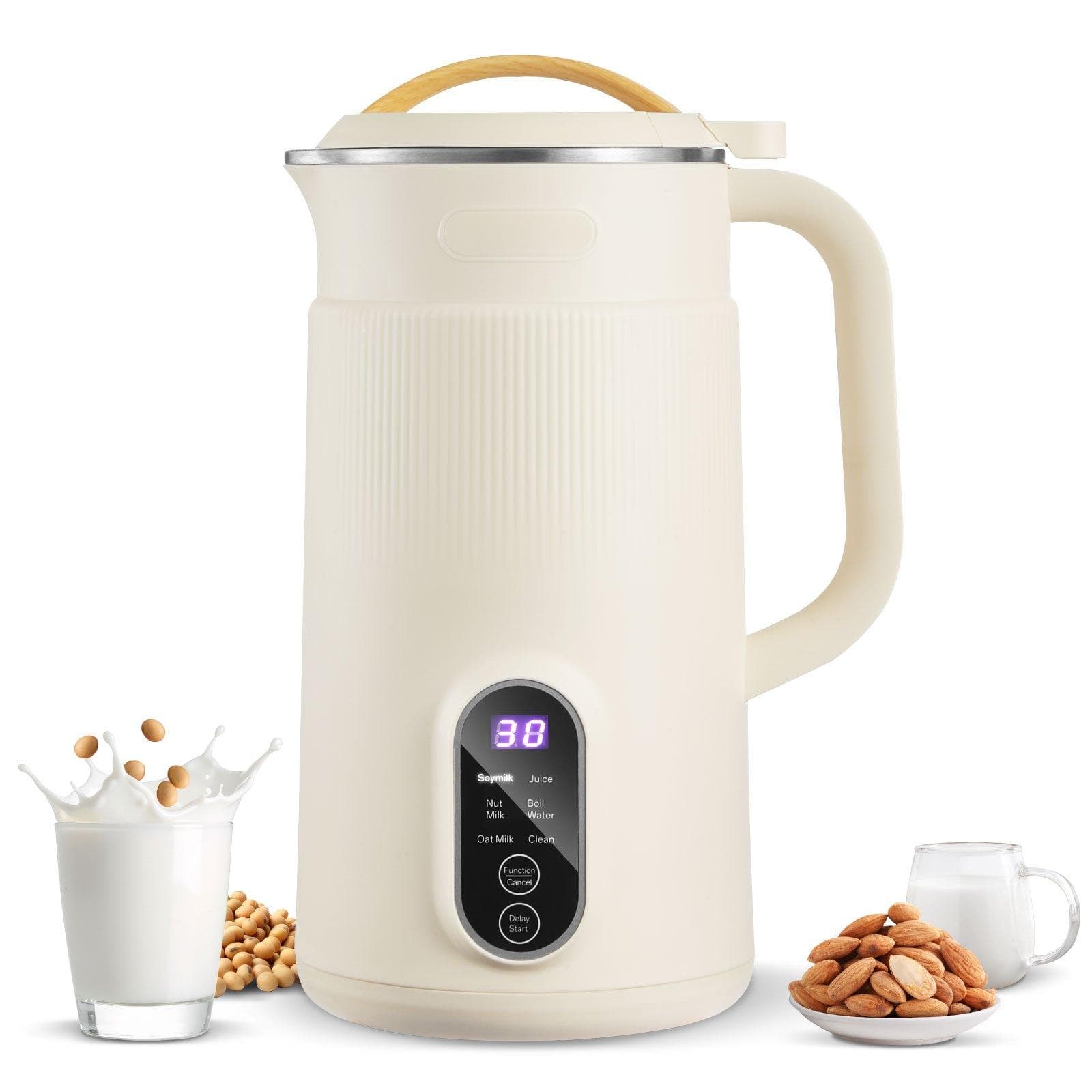 Glintex - 6-in-1 Nut Milk Maker, 20oz Soy Milk Machine with 6 Blades, High-Temp Self-Cleaning, Boil Water, 12H Delay Function - White