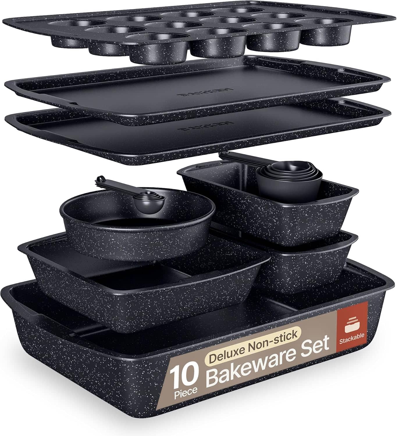 Bakken- Swiss - 10-Piece Nonstick Carbon Steel Bakeware Set, Oven Safe to 450°F, Stackable, Dishwasher & Toxin Free - Gray Marble
