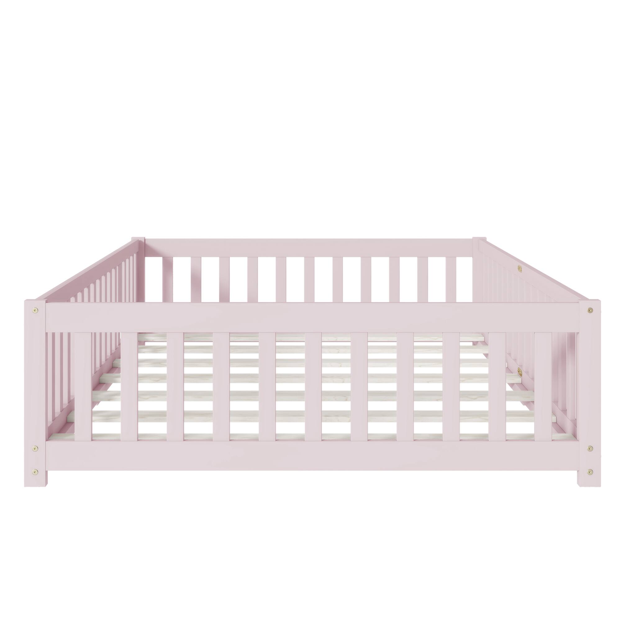 Left. GOODSILO - Full Size Floor Bed with Safety Fence and Revolving Door for Children, Sturdy Rubber Wood Construction - Pink.