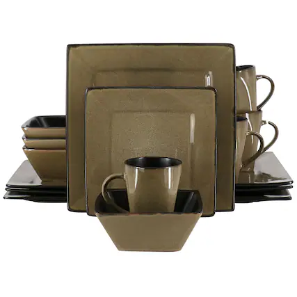 Front. Gibson - Gibson Elite Kiesling 16 Piece Hard Square Stoneware Dinnerware Set in Taupe and Black - Brown.