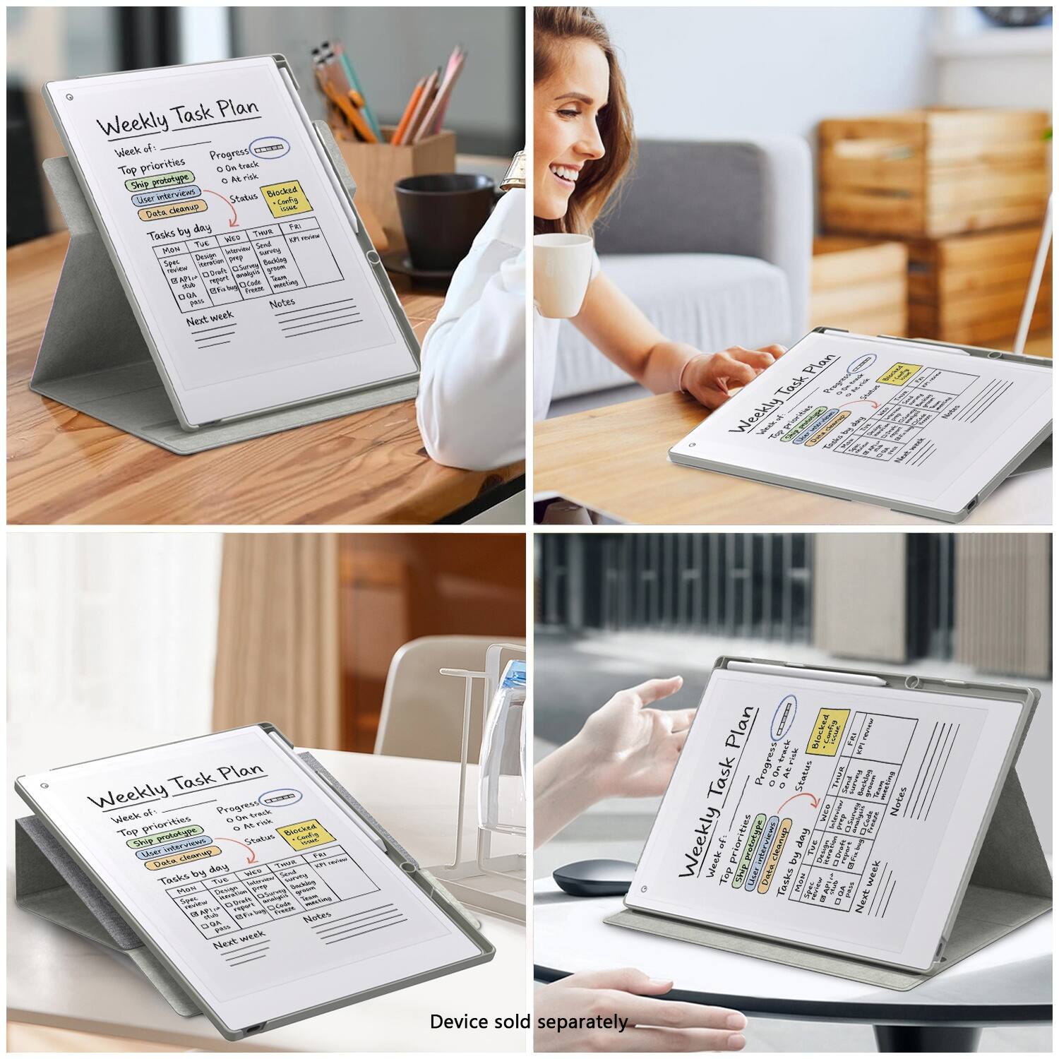 Weekly Task Plan

Week of: __________

Top priorities:
- At risk
- User interview
- Data cleaning

Progress: 0% on track

Tasks by day

Plan | Tasks | Status | Notes

Mon
- Plan
- Tasks
- Status
- Notes

Tue
- Plan
- Tasks
- Status
- Notes

Wed
- Plan
- Tasks
- Status
- Notes

Thu
- Plan
- Tasks
- Status
- Notes

Fri
- Plan
- Tasks
- Status
- Notes

Sat
- Plan
- Tasks
- Status
- Notes

Sun
- Plan
- Tasks
- Status
- Notes

Next week

Notes

Device sold separately.