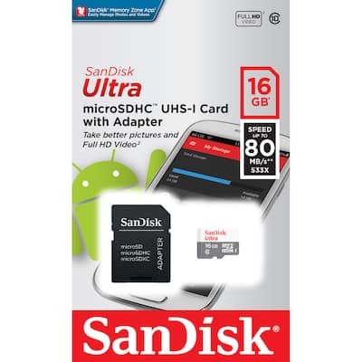 SANDISK 16GB Ultra UHS I microSDHC Memory Card with SD Adapter SANDISK 16GB Ultra UHS I microSDHC Memory Card with SD Adapter