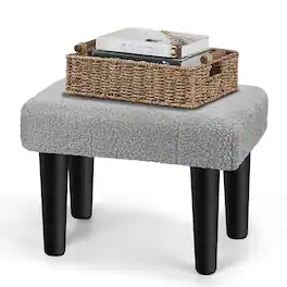 Oumilen - Light Tufted Teddy Fleece Foot Stool – 4 Black Wood Legs Mini Ottoman for Living Room Bedroom Vanity - Gray