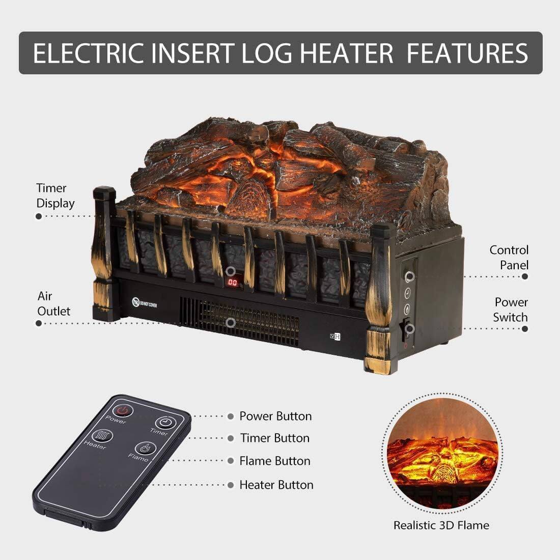ELECTRIC INSERT LOG HEATER FEATURES

- Timer Display
- Air Outlet
- Control Panel
- Power Switch

- Power Button
- Timer Button
- Flame Button
- Heater Button

- Realistic 3D Flame