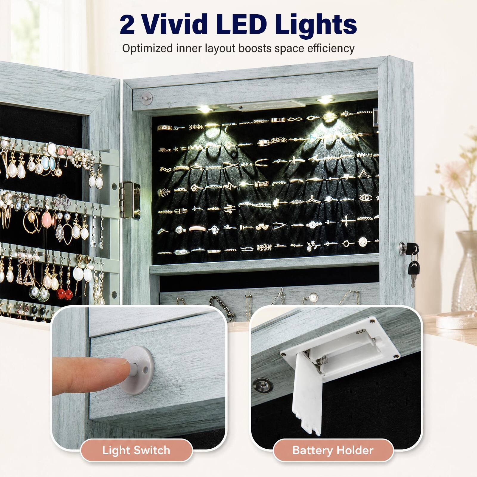 2 Vivid LED Lights  
Optimized inner layout boosts space efficiency  

22995  
XXXX  
Light Switch  
Battery Holder