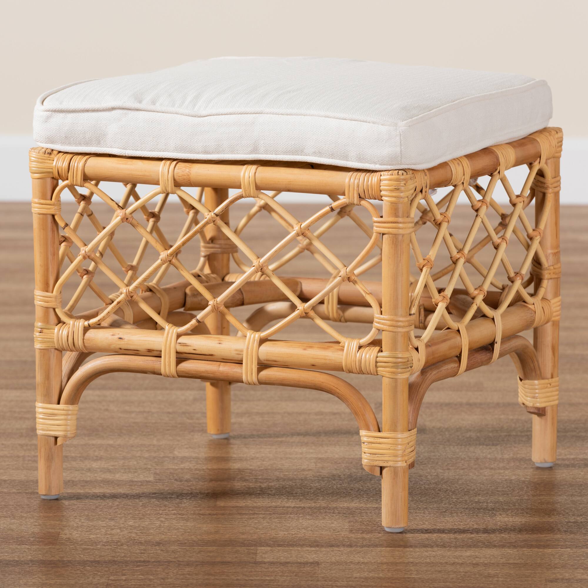 Alt View 2. bali & pari - Orchard Modern Bohemian Fabric Upholstered and Natural Brown Rattan Ottoman - White/Natural Brown.