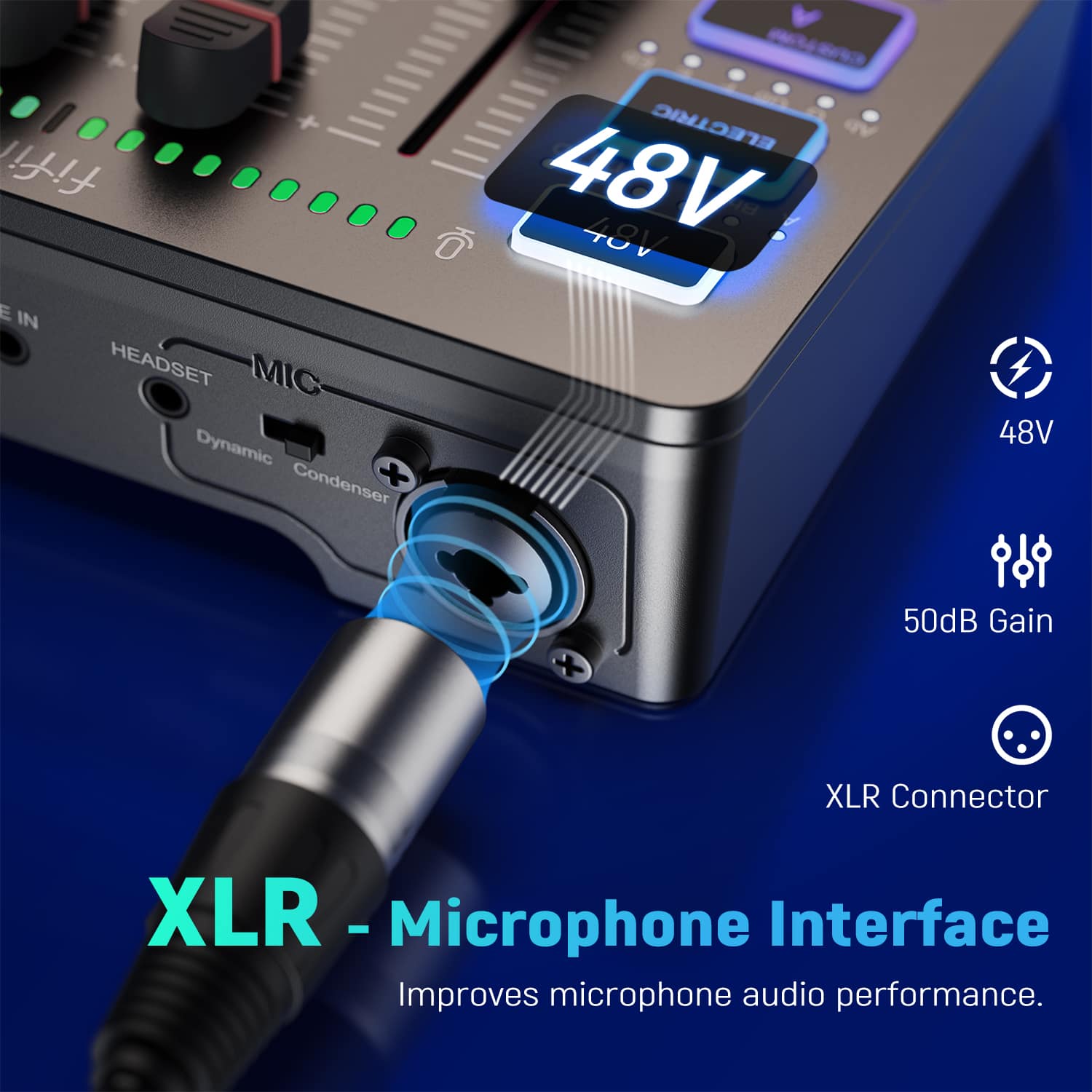 The text on the image reads: "XLR - Microphone Interface Improves microphone audio performance."
