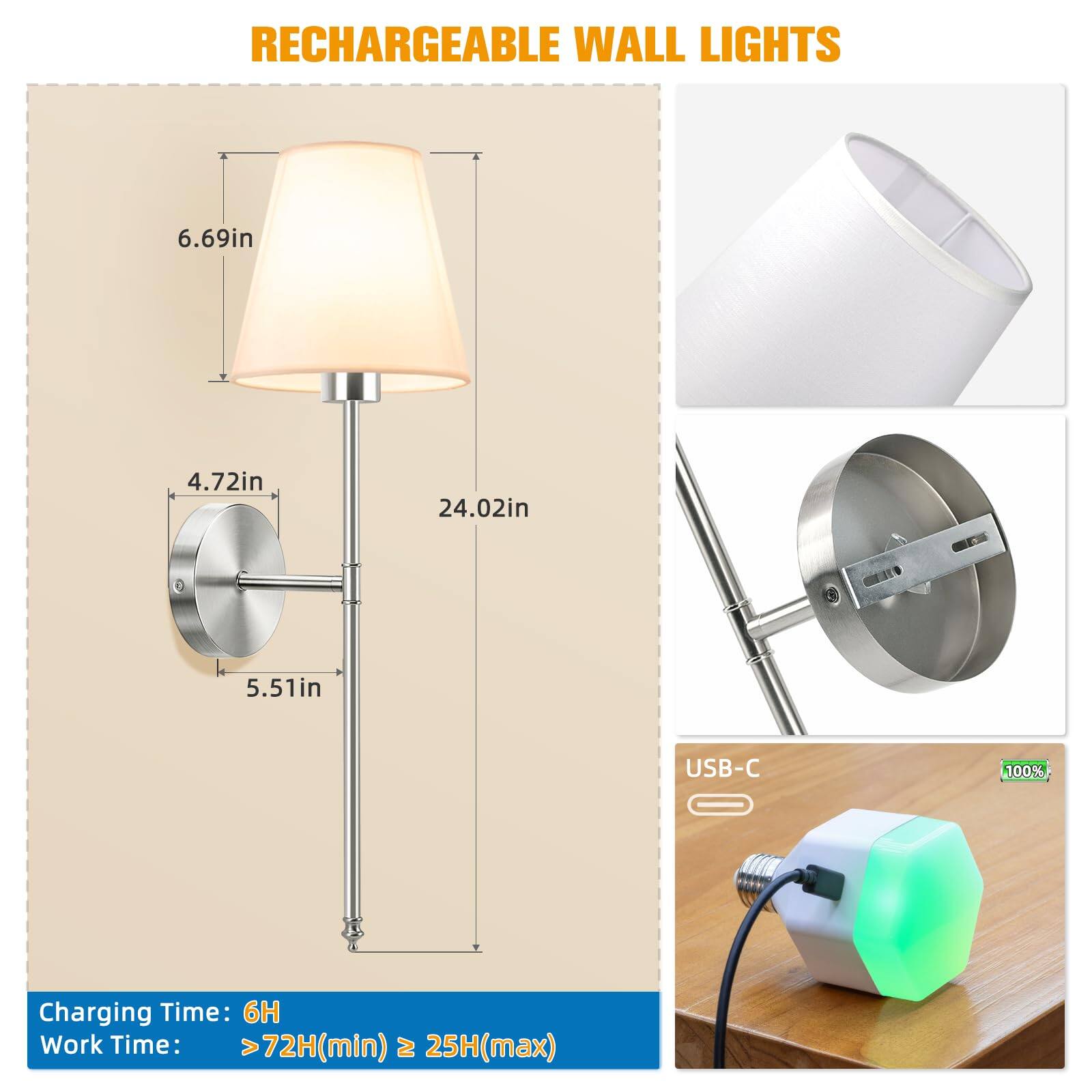 RECHARGEABLE WALL LIGHTS

- Dimensions: 6.69in x 4.72in x 24.02in x 5.51in
- USB-C Charging
- Charging Time: 6H
- Work Time: >72H (min) ≥ 25H (max)