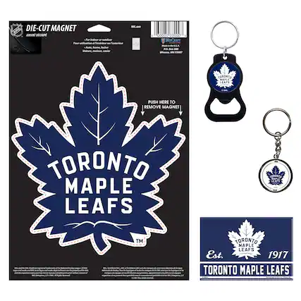 **DIE-CUT MAGNET**
**AIMANT DÉCOUPÉ**
- For indoor or outdoor
- Pour utilisation à l'intérieur ou à l'extérieur
- Auto, home, locker
- Voiture, maison, casier
**PUSH HERE TO REMOVE MAGNET**
**TORONTO MAPLE LEAFS**
**Est. 1917**
**NHL.com**
**NHL and the NHL Shield are registered trademarks of the National Hockey League. All logos and marks and NHL team logos and marks are the property of the NHL and the respective NHL member teams. © NHL Enterprises, L.P. All Rights Reserved.**
**NHL, NHL.TM, the NHL Shield and the word mark and image of the Stanley Cup are registered trademarks of the National Hockey League. All logos and marks and NHL team logos and marks are the property of the NHL and the respective NHL member teams. © NHL Enterprises, L.P. All Rights Reserved.**
**NHL.com**
**WinCraft**
**Made in the U.S.A.**
**P.O. Box 888**
**Winnipeg, MN 55987**