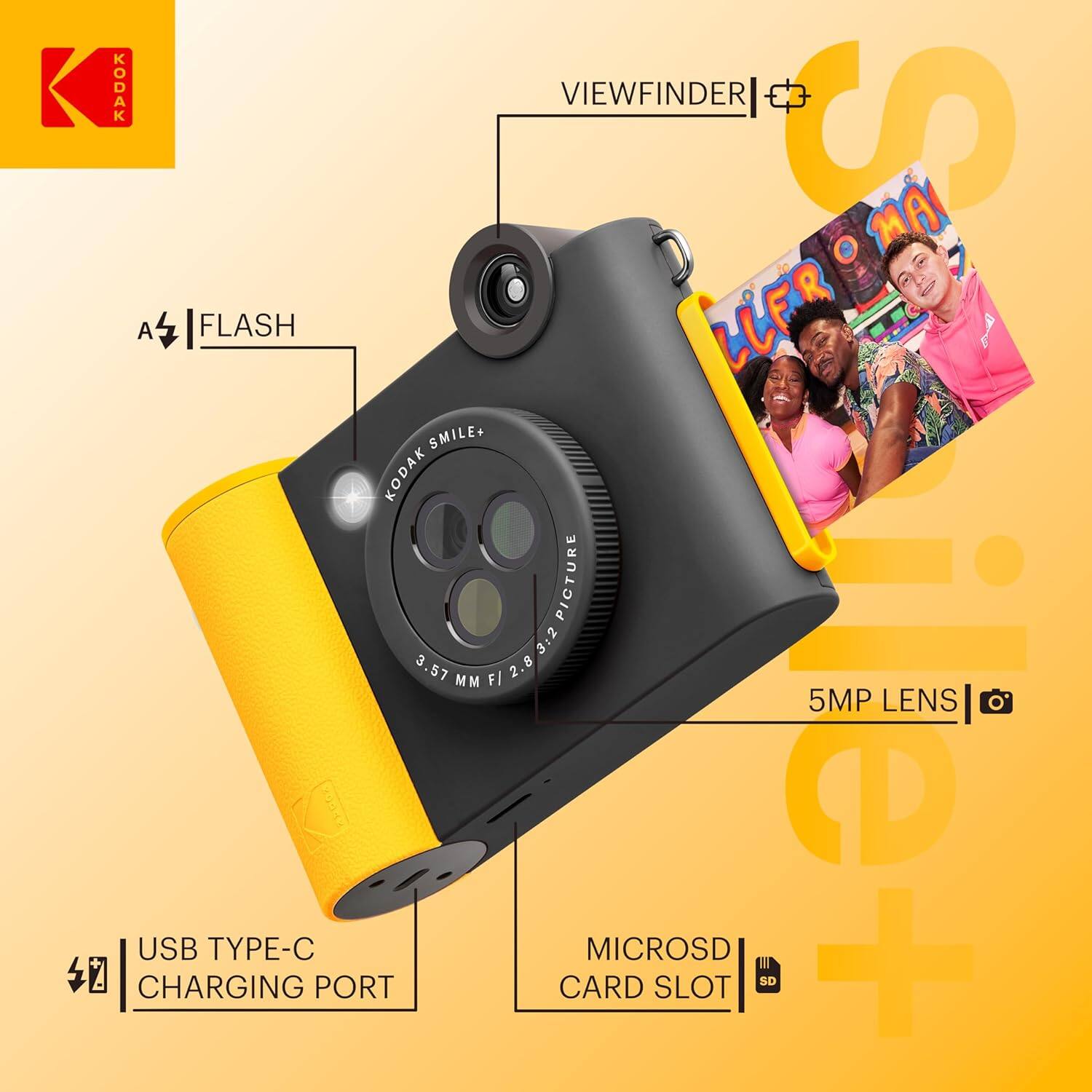 KODAK VIEWFINDER I S MA A FLASH LLFR ~ SMILE+  
KODAK PICTURE 3:2 3.57 F/ 2.8 MM 5MP LENS  
4 CHARGING USB TYPE-C PORT CARD MICROSD SLOT SD