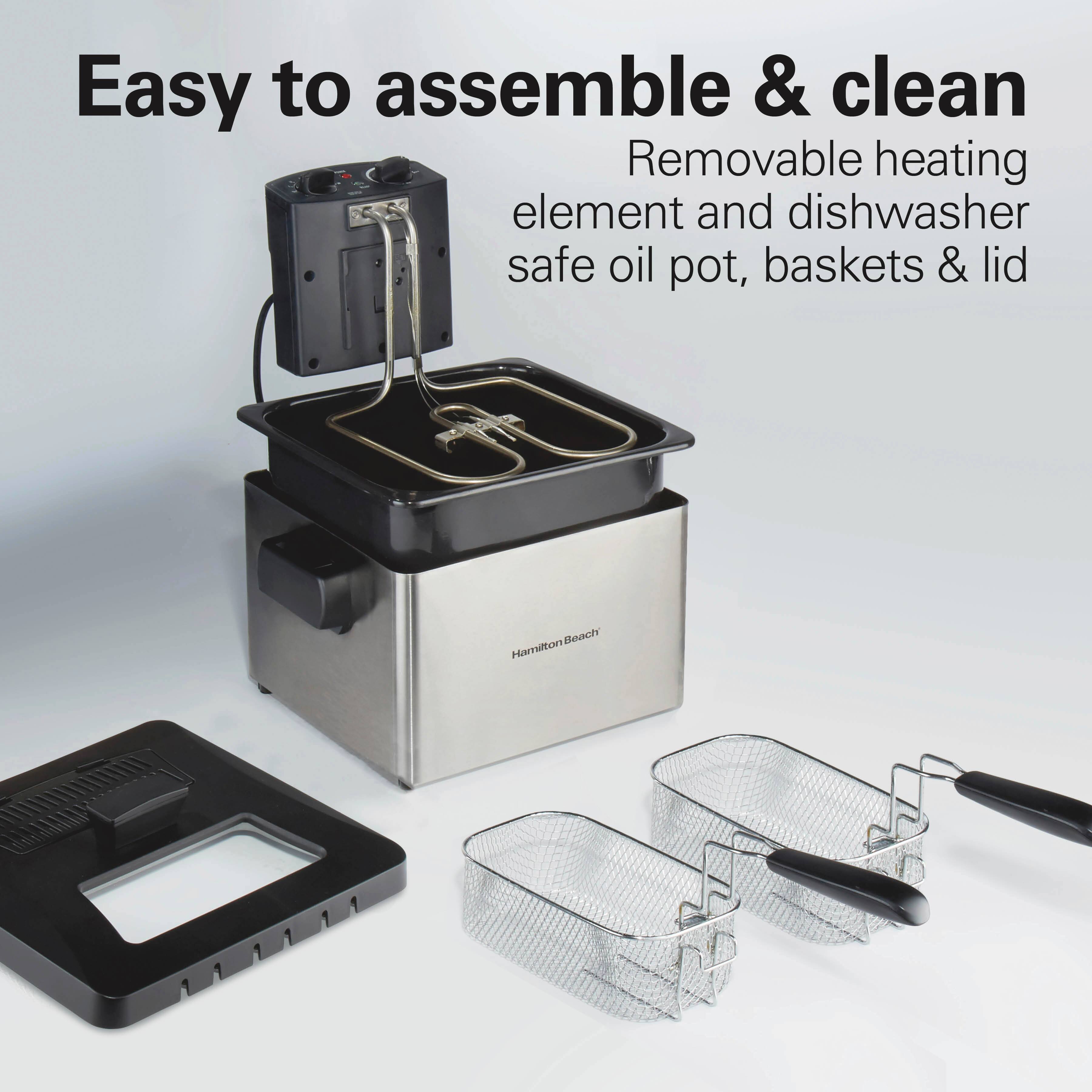 Easy to assemble & clean  
Removable heating element and dishwasher safe oil pot, baskets & lid