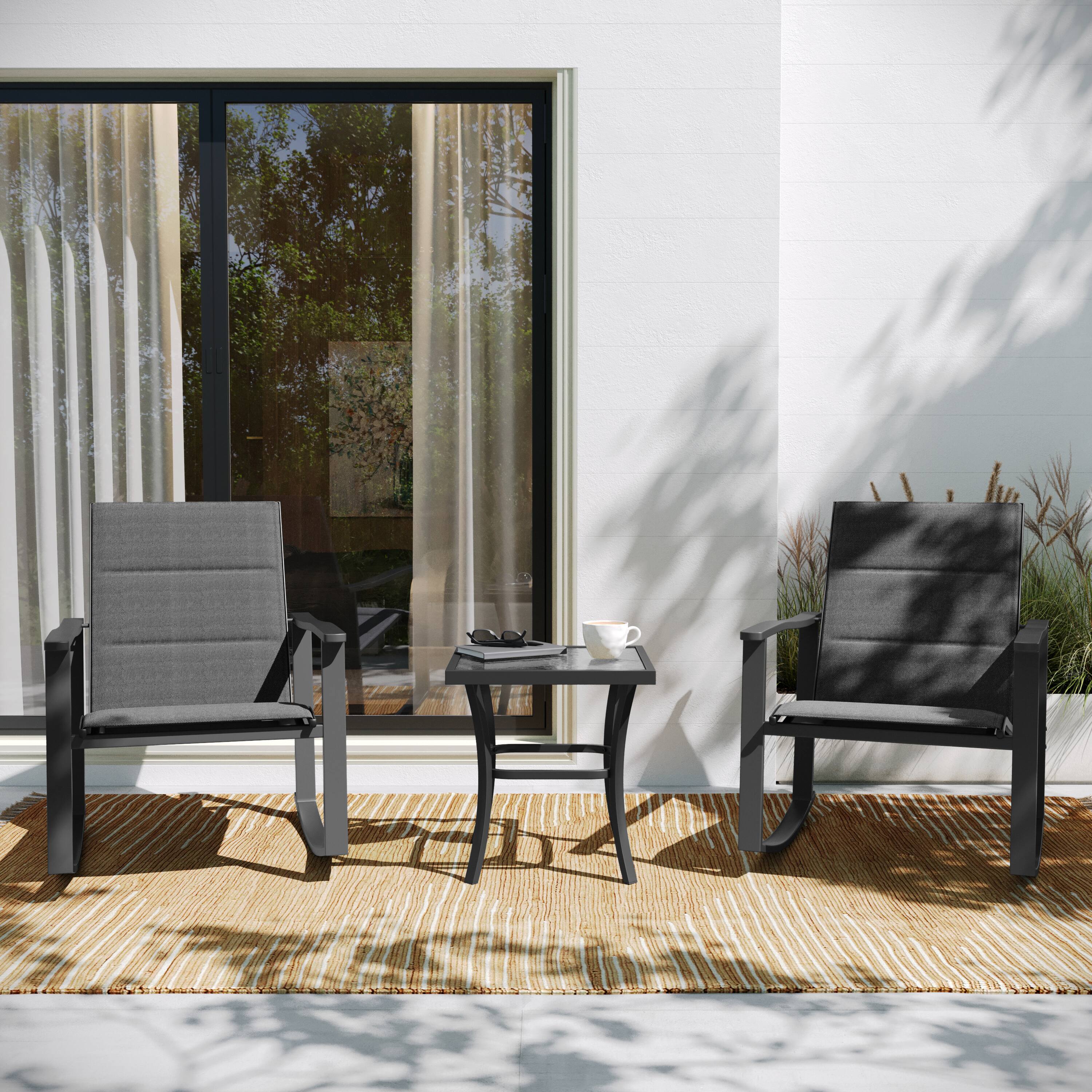 Alt View 1. Flash Furniture - Brazos 3 Piece Outdoor Rocking Chair Bistro Set with Flex Comfort Material and Steel Framed Glass Top Table, Black/Black - Black.