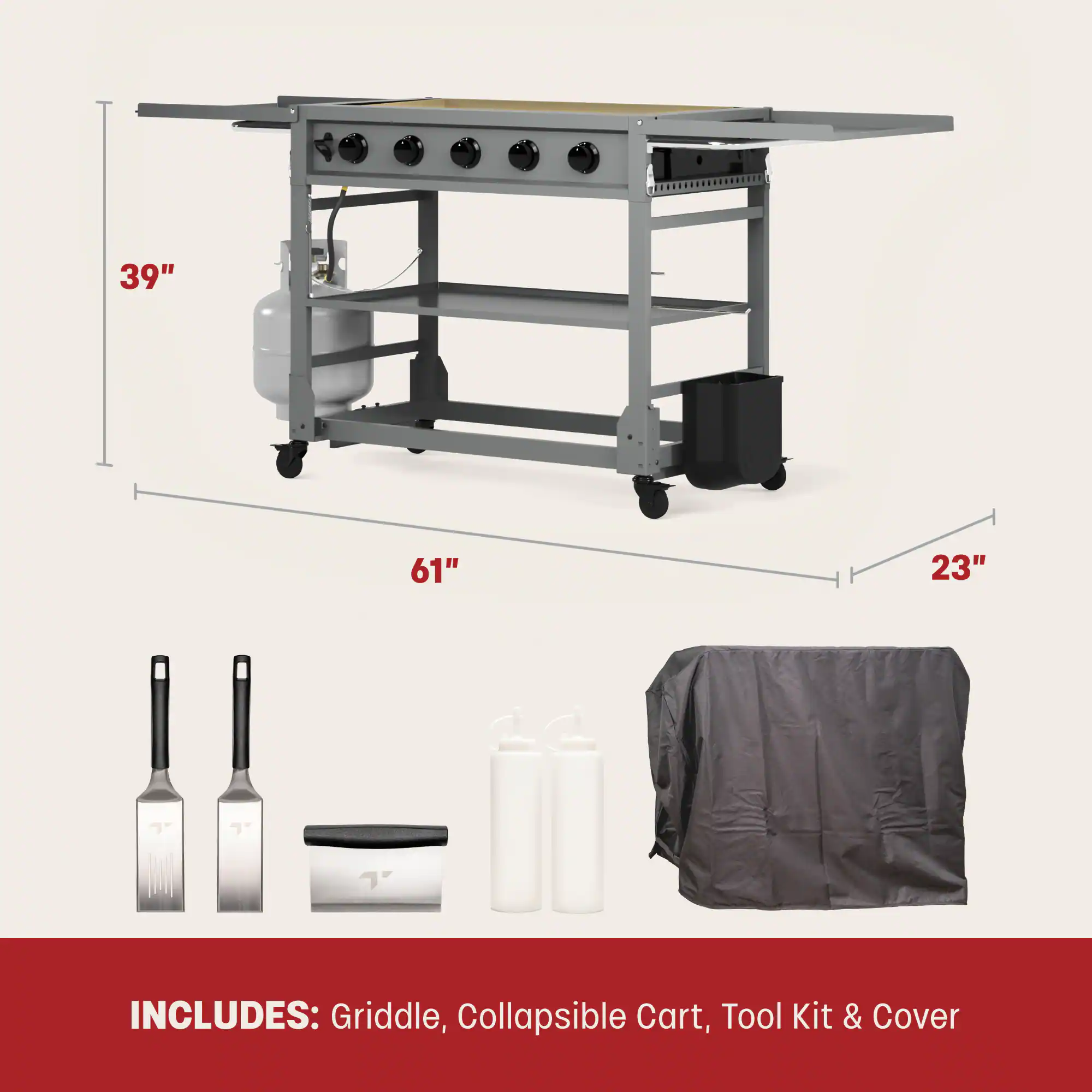 The image features a stainless steel table with a griddle, collapsible cart, toolkit, and cover. The table is 39 inches long, 61 inches wide, and 23 inches high. The griddle is 24 inches wide, and the collapsible cart is 30 inches wide. The toolkit includes a grill brush, tongs, and a spatula. The cover is designed to protect the table and its contents from the elements.