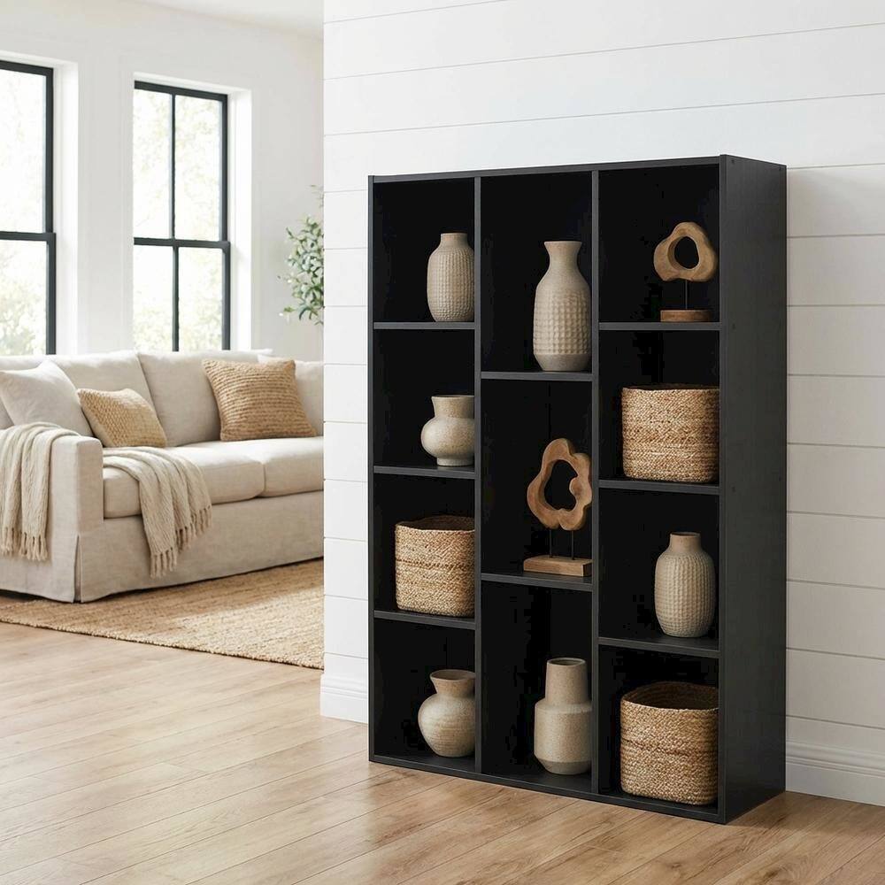 Angle. FurniFact - Black Manufactured Wood Bookcase with Open Shelving and Modern Design - Blackwood.