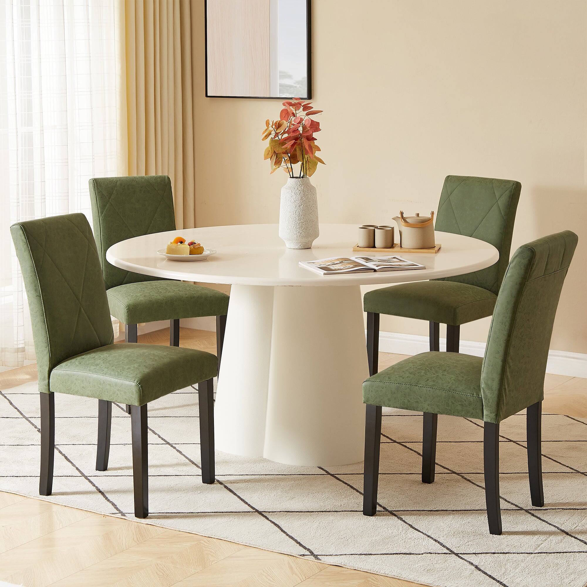 Alt View 4. Vecelo - Set Of 6 Linen Upholstered Dining Chairs with Solid Wood Legs, High Back Ergonomic Kitchen Chairs - Green.